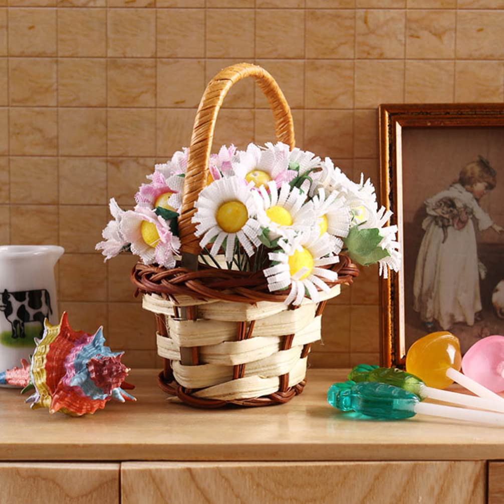 Miniature Flower Basket Doll - Tiny Bamboo Picnic Basket with Fake Plants & Candy for Micro Landscaping Decor | Perfect for Dollhouse, Fairy Garden, DIY Crafts & Tabletop Displays