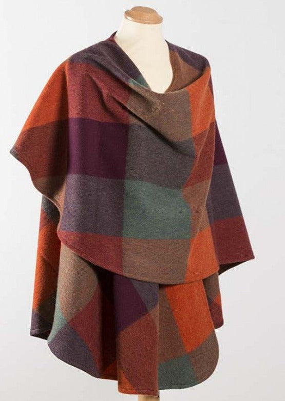 John Hanly Lambswool Cape - Soft Wool Shawl Wrap for Women in Orange, Maroon & Green Block Colors | Perfect for Fall, Winter & Holiday Outfits