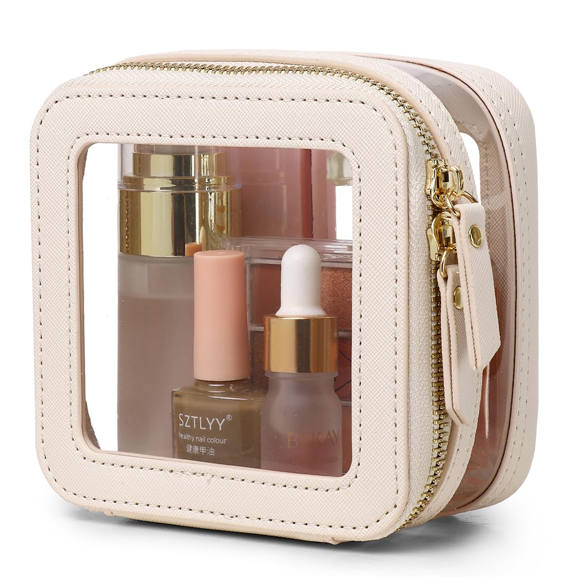 Clear Small Makeup Bag Mini Cosmetic Case & Toiletry Pouch with Zipper - Cute Travel Organizer for Women - Perfect for Cosmetics, Jewelry, and Car Essentials (Beige, MINI-2) - Ideal for Travel, Gym, and Daily Purse Organization