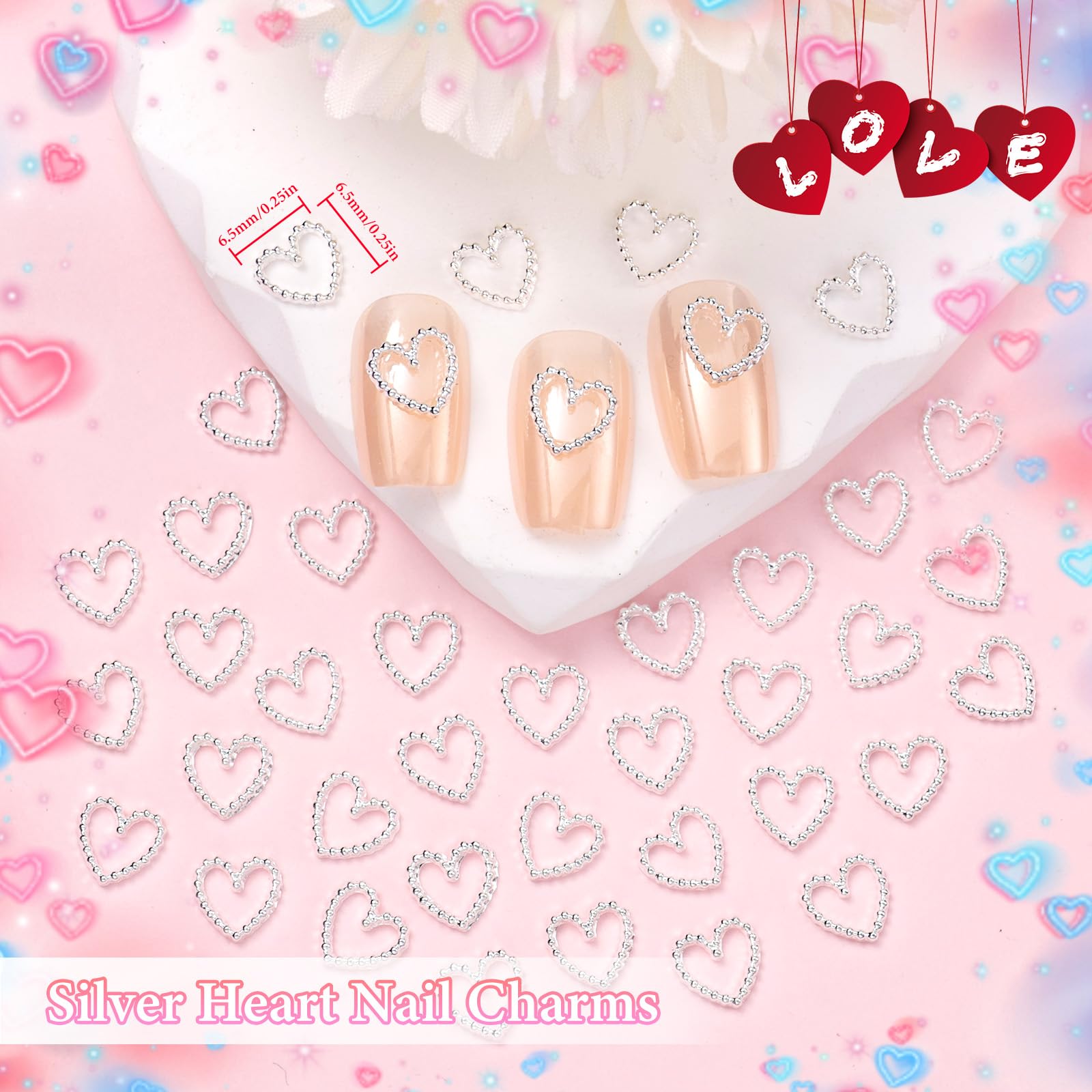 80Pcs Gold & Silver Heart Nail Art Charms - Romantic 3D Alloy Heart Nail Decorations for Women | DIY Nail Art Designs, Wedding & Valentine's Day Nail Accessories