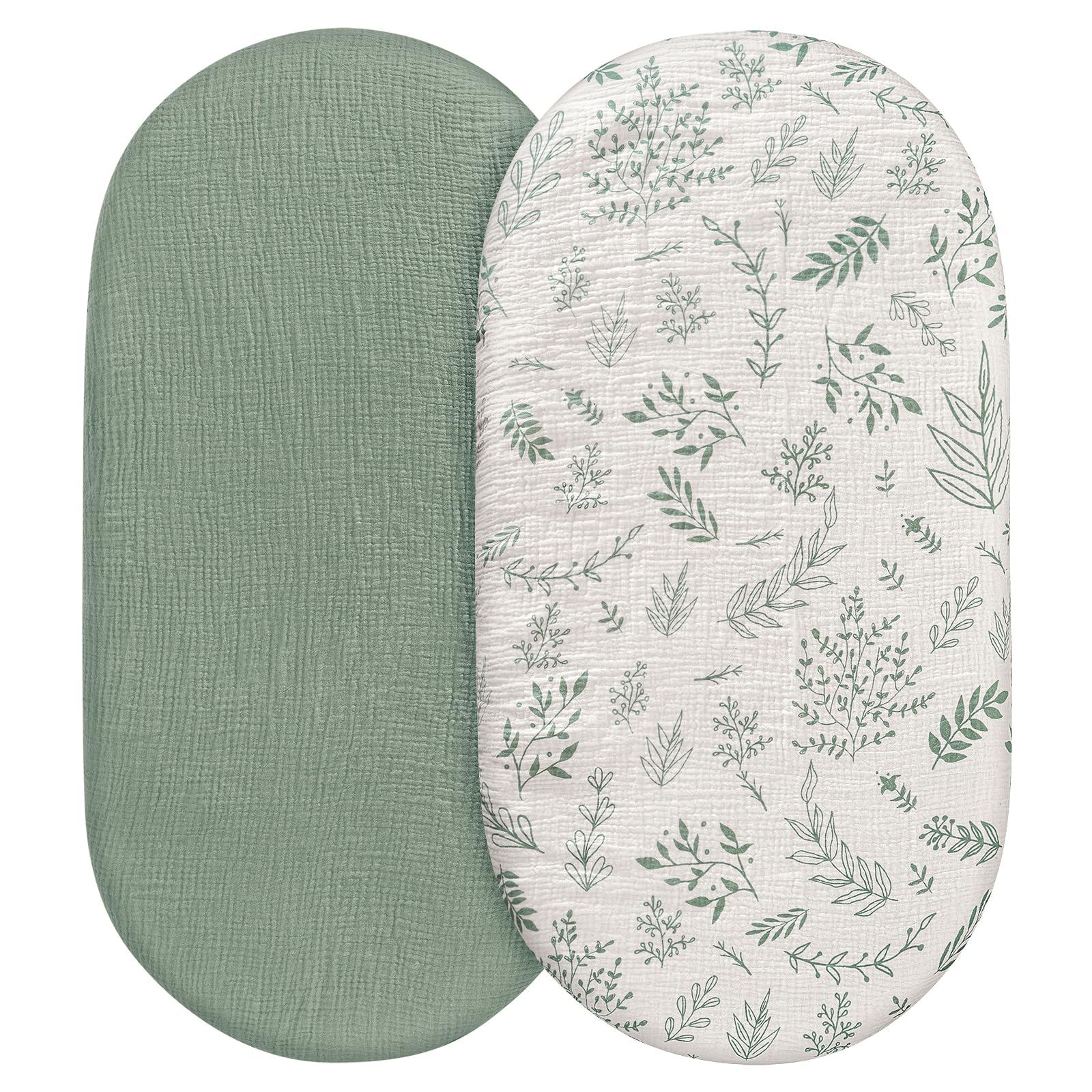 Organic Muslin Bassinet Fitted Sheets - 2 Pack Soft Breathable Baby Crib Sheets for Boys & Girls - Stretchy Universal Fit for Hourglass, Oval & Rectangle Bassinet Mattresses - Natural Leaves Design - Perfect for Nursery, Daycare & Travel Use