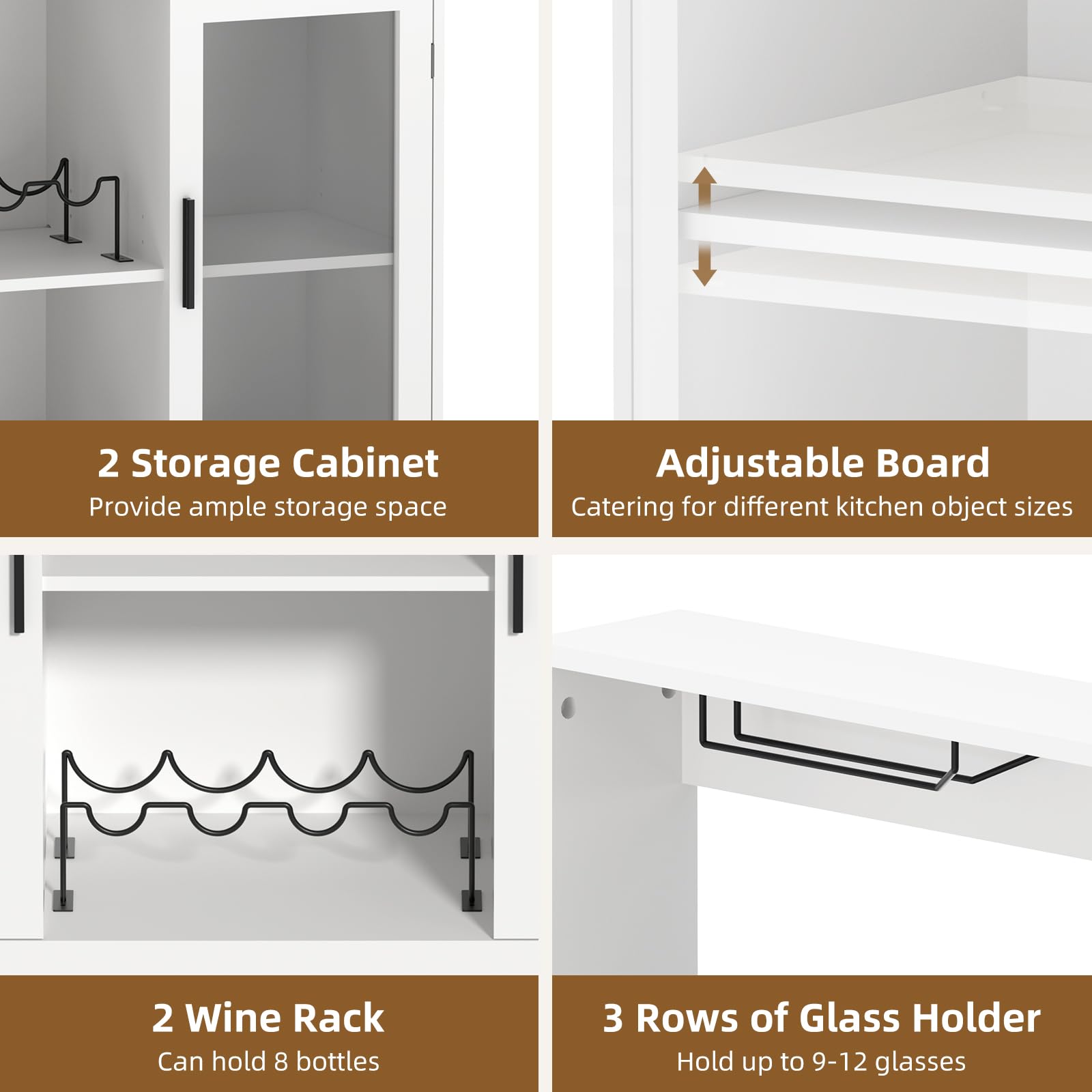 White Wine Bar Cabinet with LED Lights & Power Outlet - Home Liquor Storage Cabinet with Glasses Holder for Living Room, Dining Room & Home Bar - Perfect for Entertaining & Stylish Home Decor
