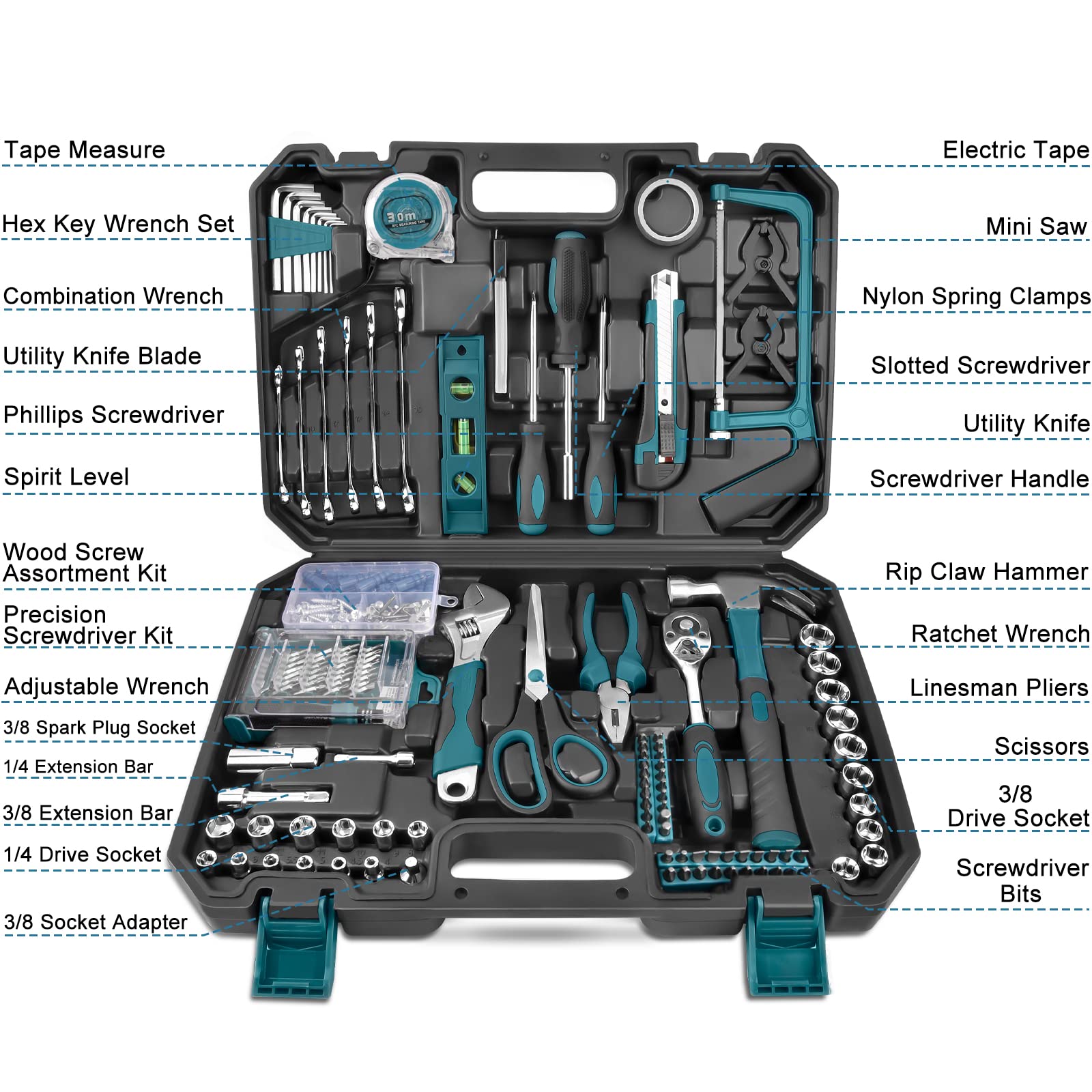 Sundpey 257-Piece Home Tool Kit - Complete General Household Hand Tool Set with Ratchet, Screwdriver & Socket Sets - Portable Repair Tools for Men & Women - Includes Durable Tool Box Storage Case - Perfect for DIY Projects, Home Repairs & Automotive Maintenance