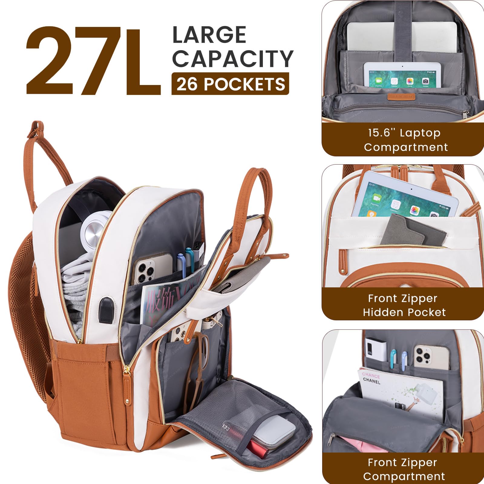 LOVEVOOK 15.6 Inch Anti-Theft Laptop Backpack for Women - Waterproof Professional Business Travel Backpack Purse, College Teacher Work Bag, Stylish Daypack (Beige/Brown) - Perfect for Office Commute, School, Business Trips & Daily Use