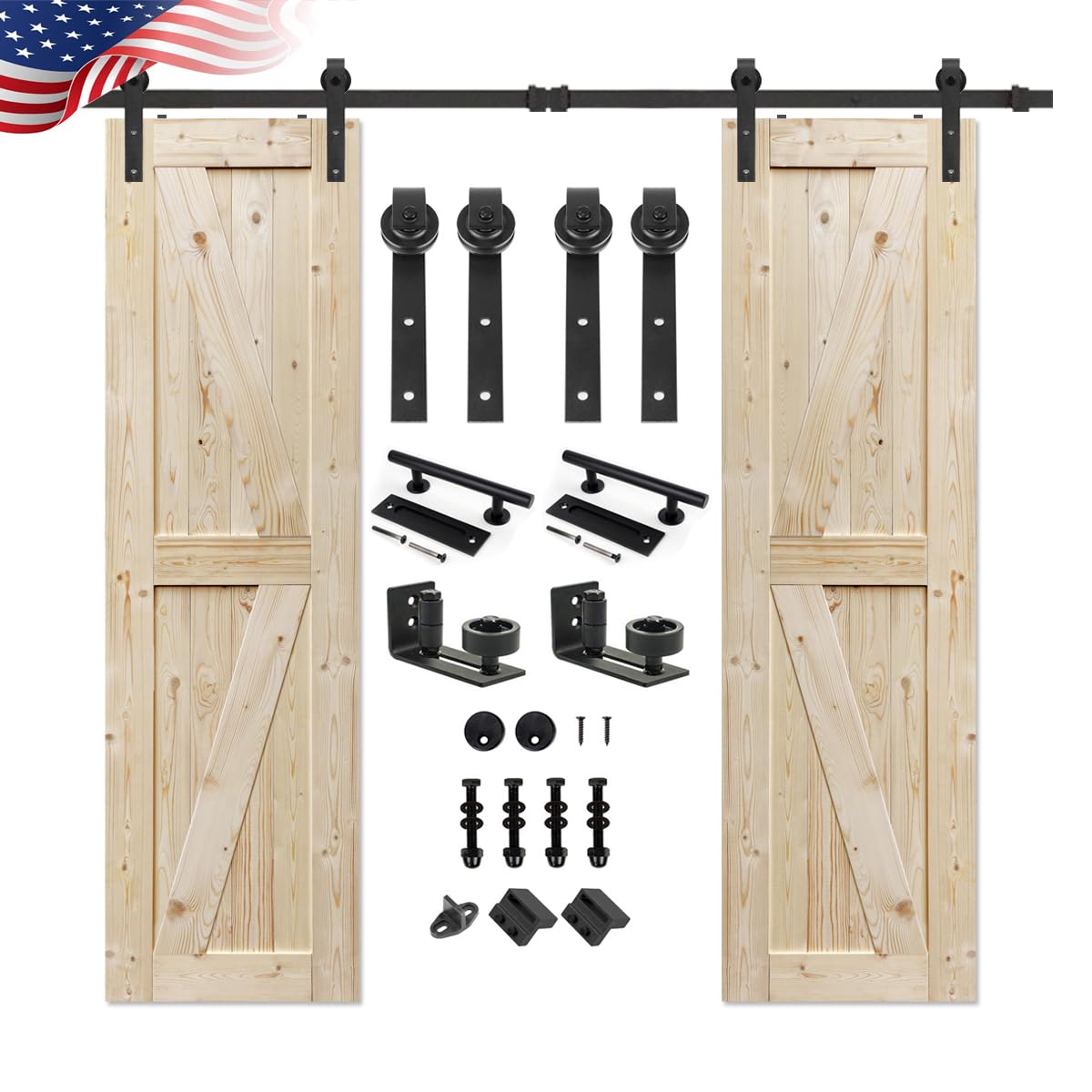 Unfinished British Brace Knotty Barn Door 18x84 Inch - Solid Wood Double Sliding Door with 6FT Hardware Kit | Rustic Home Decor for Bedroom, Living Room & Office (J-Shape Track Included)