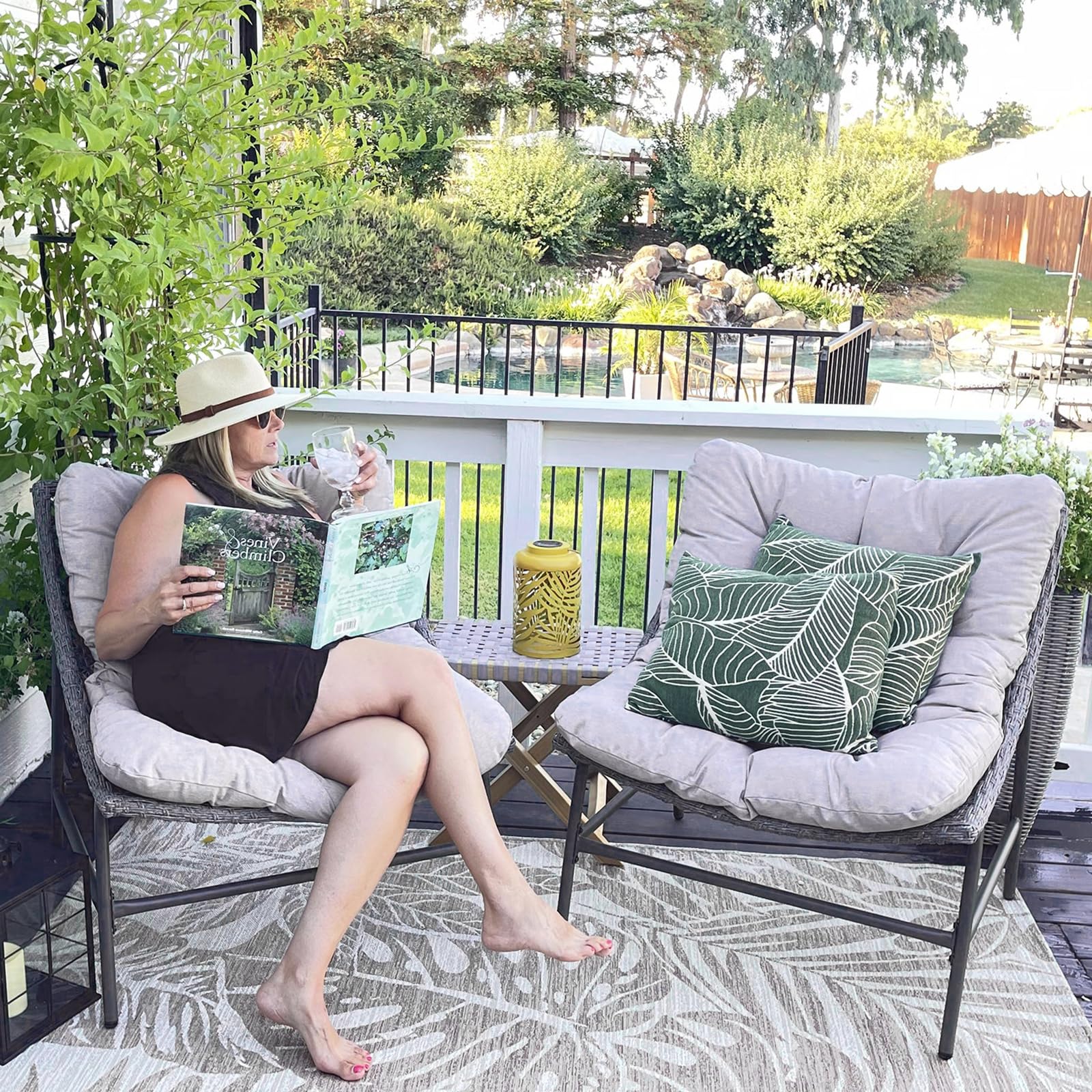 PHI VILLA Outdoor Papasan Chairs Set of 2 - Oversized Wicker Rattan Conversation Chairs with Cushions & Sturdy Steel Frame - Comfy Reading Lounge Chairs for Patio, Porch, Deck, Balcony & Garden - Perfect for Relaxing, Sunbathing & Outdoor Conversations