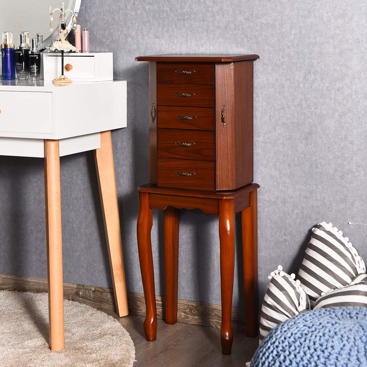 Wooden Jewelry Storage Chest with Flip Top Mirror - Standing Jewelry Armoire Cabinet with 4 Drawers, 2 Side Doors & 6 Necklace Hooks | Jewelry Organizer for Women | Perfect Gift for Her | Bedroom, Dressing Room & Closet Organization