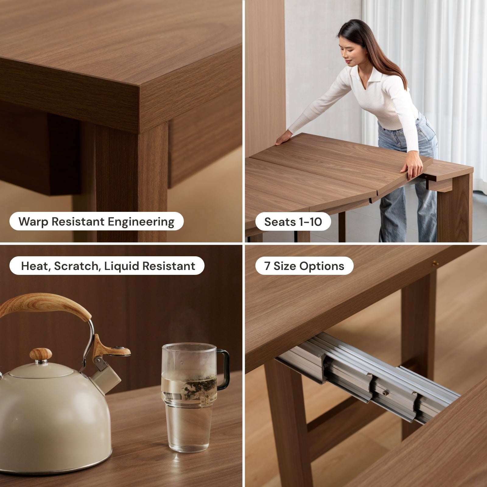 Extendable Flex Dining Table - Solid Walnut Wood Expandable Table for Small Spaces | Perfect for Apartments, Kitchens & Dining Rooms