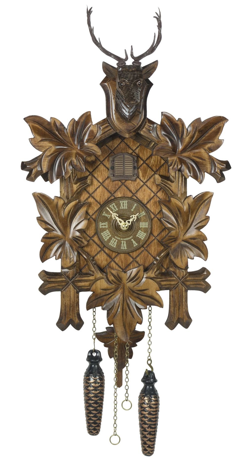 Trenkle Quartz Cuckoo Clock with 5 Leaves & Deer Head Design - Musical Wall Clock for Home Decor, Living Room, Cabin & Office