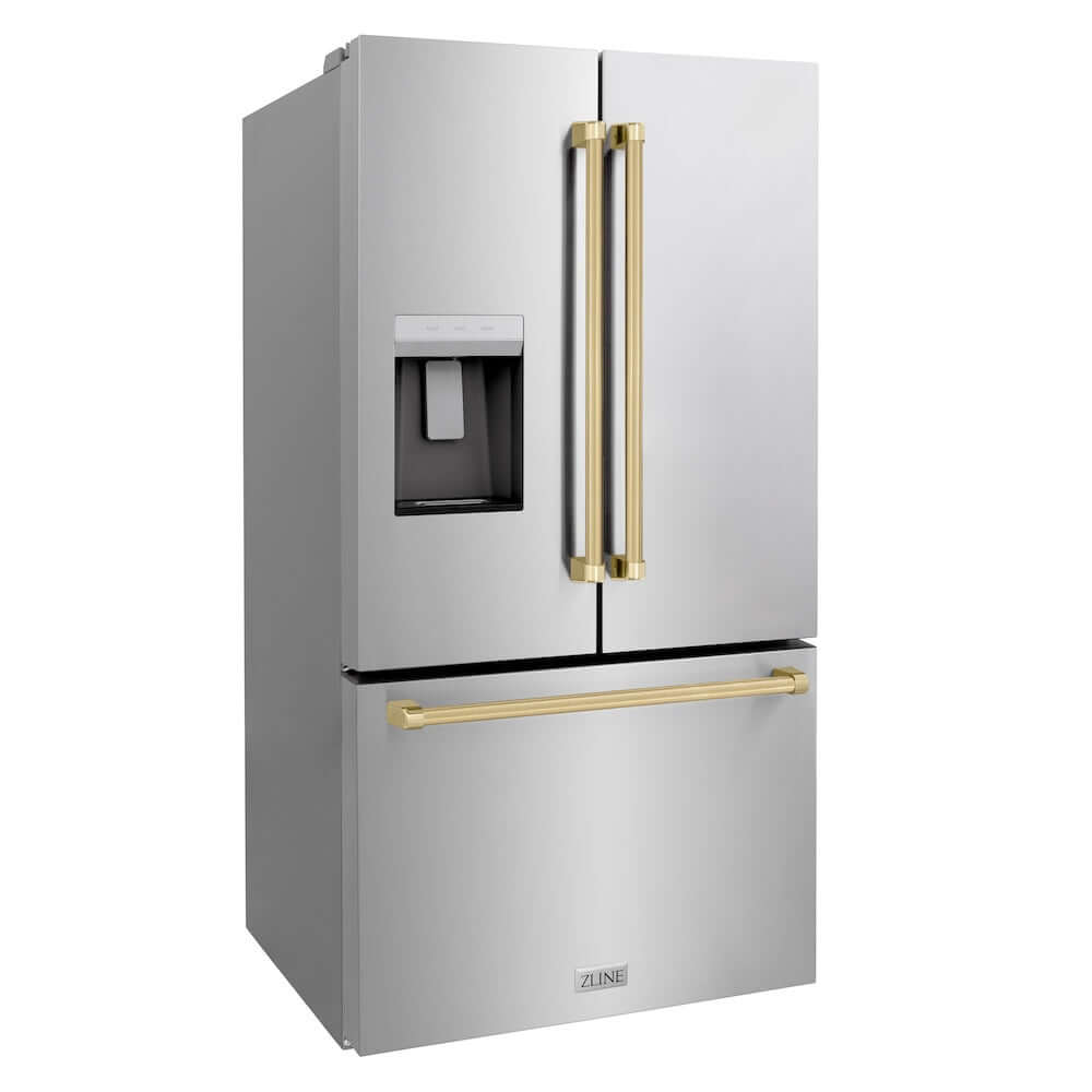 ZLINE Autograph Edition 36 Inch French Door Refrigerator with External Water Dispenser & Dual Ice Maker - 28.9 cu.ft Capacity, Fingerprint Resistant Stainless Steel with Champagne Bronze Handles (RSMZ W 36 CB) - Perfect for Modern Kitchens, Entertaining & Large Family Storage