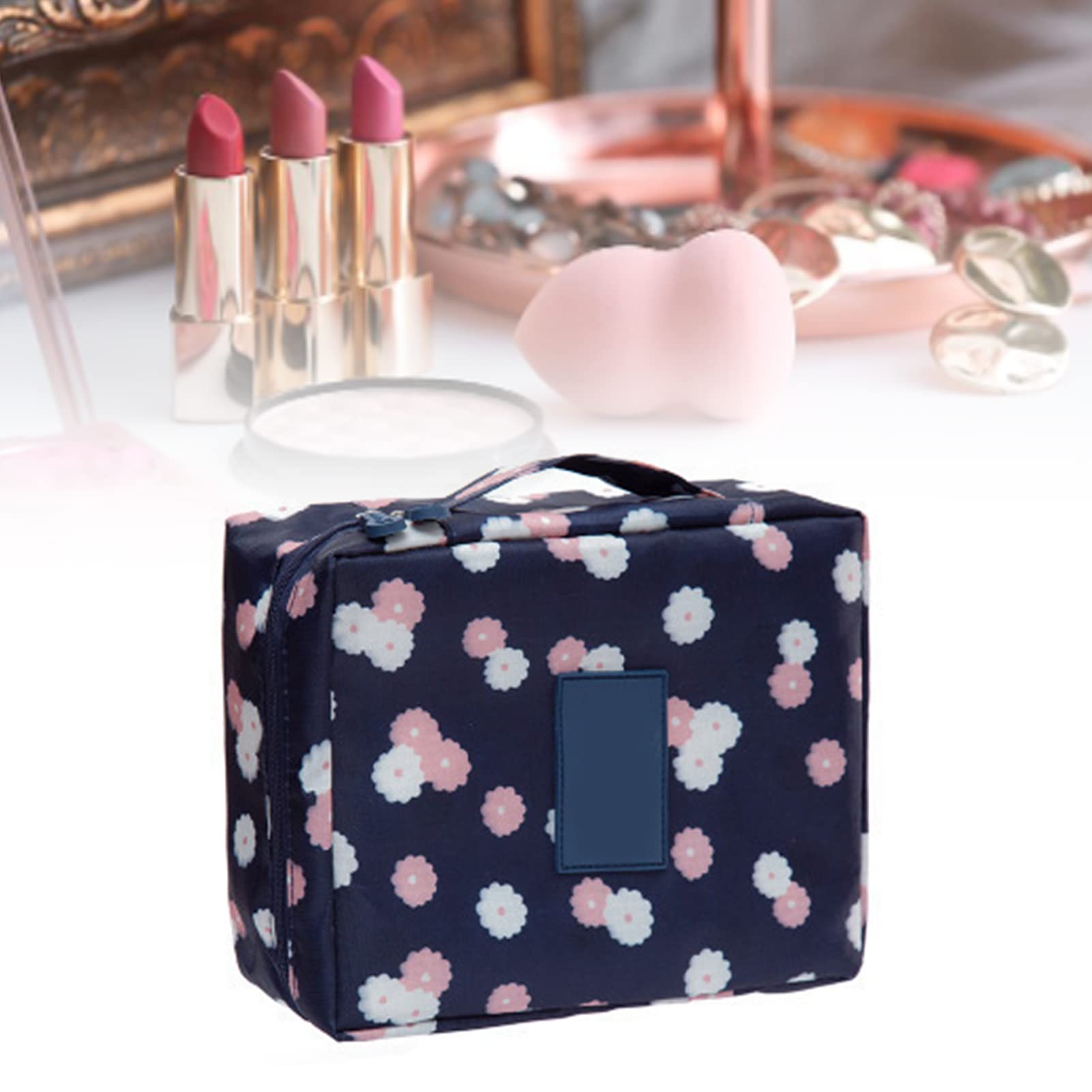 Waterproof Tetragonum Makeup Bag with Sturdy Handle - Travel Cosmetic Organizer for Women, Navy Blue - Perfect for Airplane Carry-on, Gym & Daily Essentials Storage