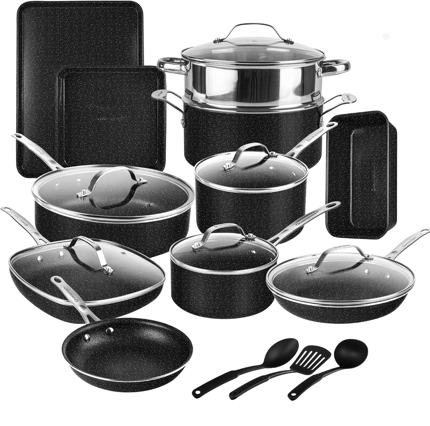 GRANITESTONE 20-Piece Nonstick Cookware Set - Granite & Diamond Coated Pots and Pans, Oven & Dishwasher Safe, Non-Toxic Kitchen Cookware for Baking, Frying & Everyday Cooking