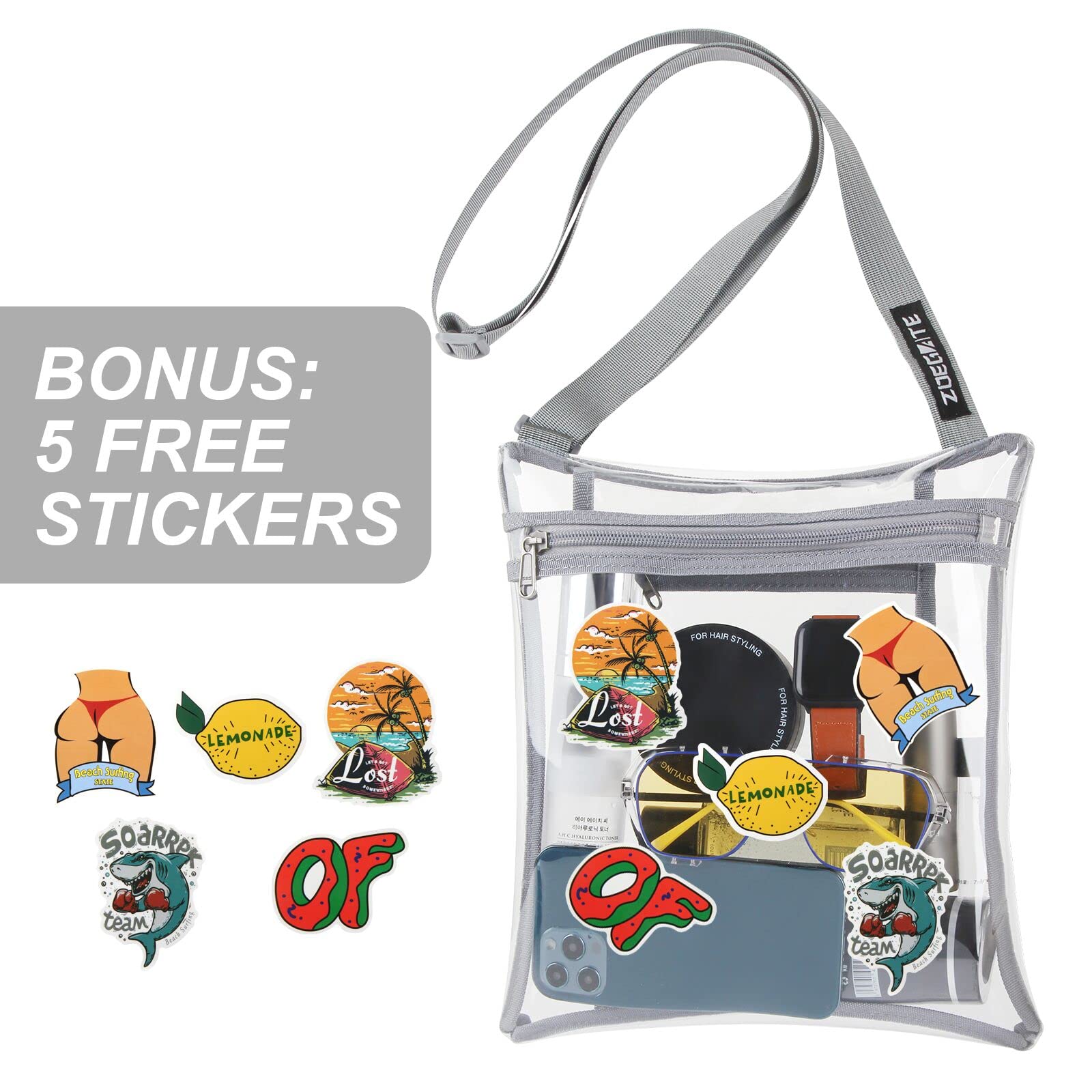 Stadium Approved Clear Crossbody Purse - Transparent Shoulder Bag with Inner Pocket & 5 Fun Stickers | Perfect for Concerts, Festivals, Sports Events & Airport Security