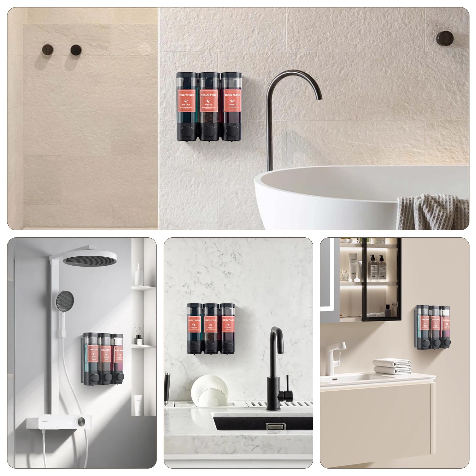 3-Chamber Wall Mounted Shampoo & Conditioner Dispenser - No Drill Bathroom Soap Dispenser for Shower, Holds Body Wash & Shower Gel (Black) | Perfect for Small Bathrooms & Shared Showers