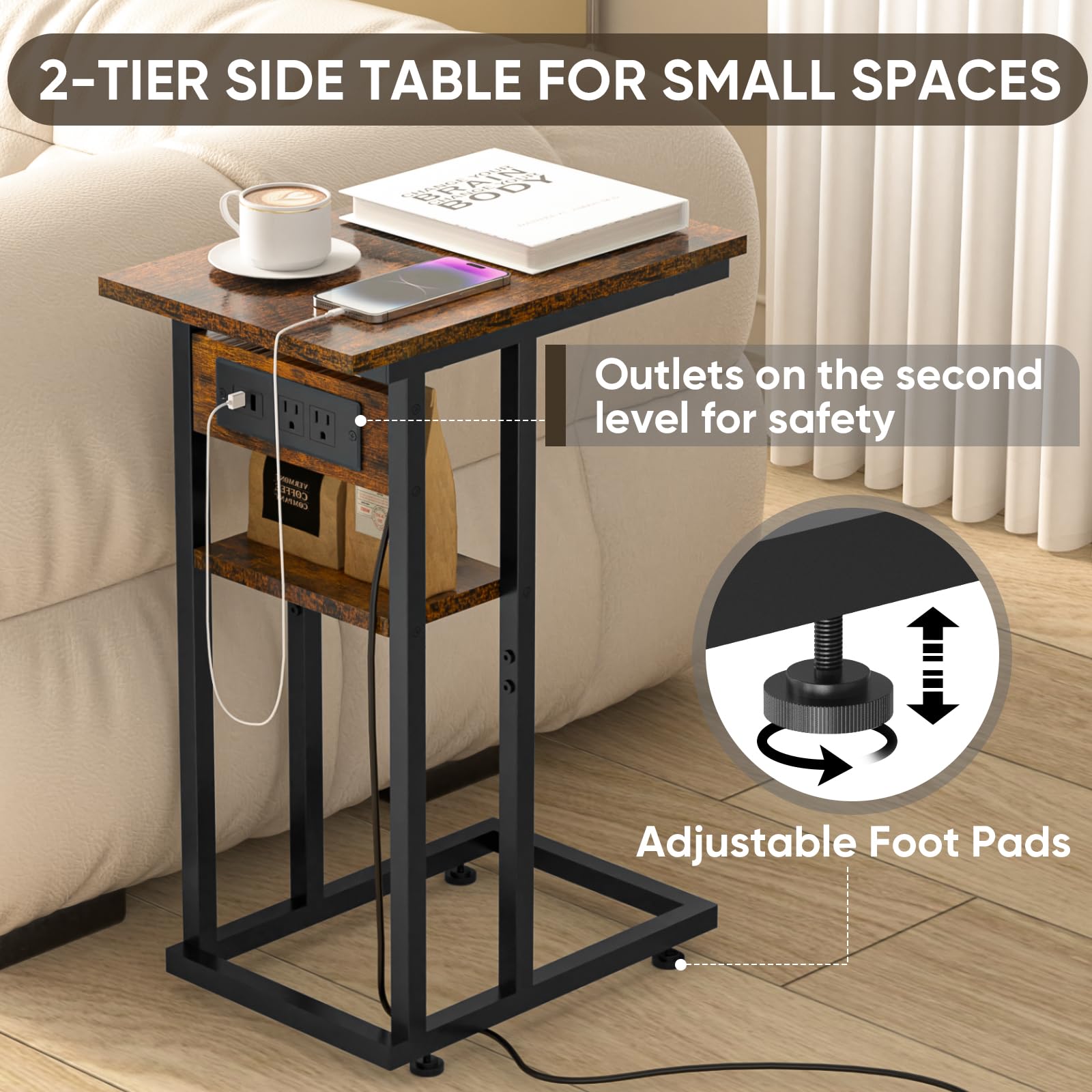 BALEINE Rustic Brown End Table with Charging Station & 2 USB Ports - C-Shaped Side Table with Storage Shelves for Living Room, Bedroom, Office - Perfect for Small Spaces, Sofa Side, Nightstand & Home Decor