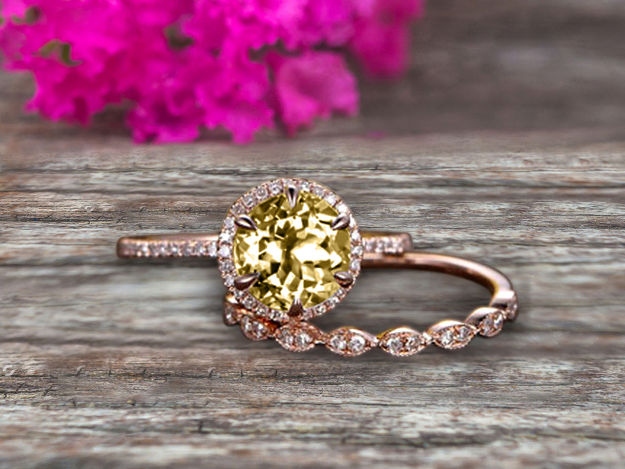 1.75 Carat Round Cut VS Champagne Diamond Moissanite Engagement Ring Set in 10k Rose Gold with Milgrain Band Halo - Perfect Anniversary Gift & Bridal Jewelry for Weddings, Proposals & Special Occasions