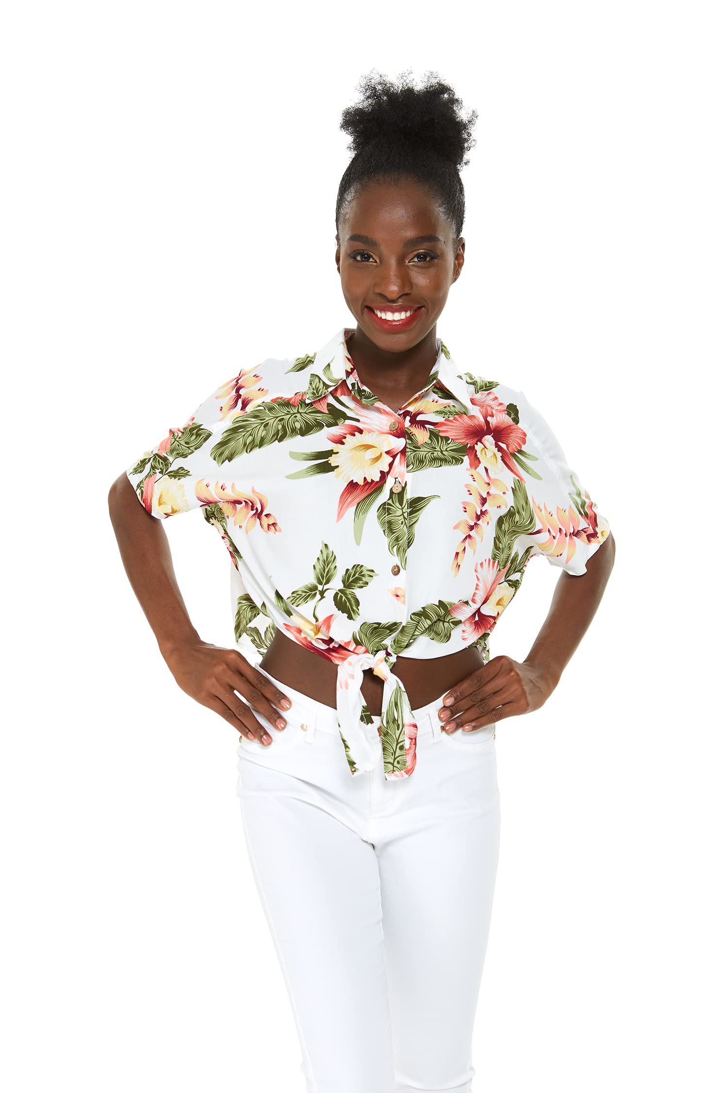 Women's Hawaiian Tie Front Crop Top Aloha Shirt - Floral Rafelsia Print Short Sleeve Beach Shirt for Summer Vacation, Luau Party & Tropical Outfits