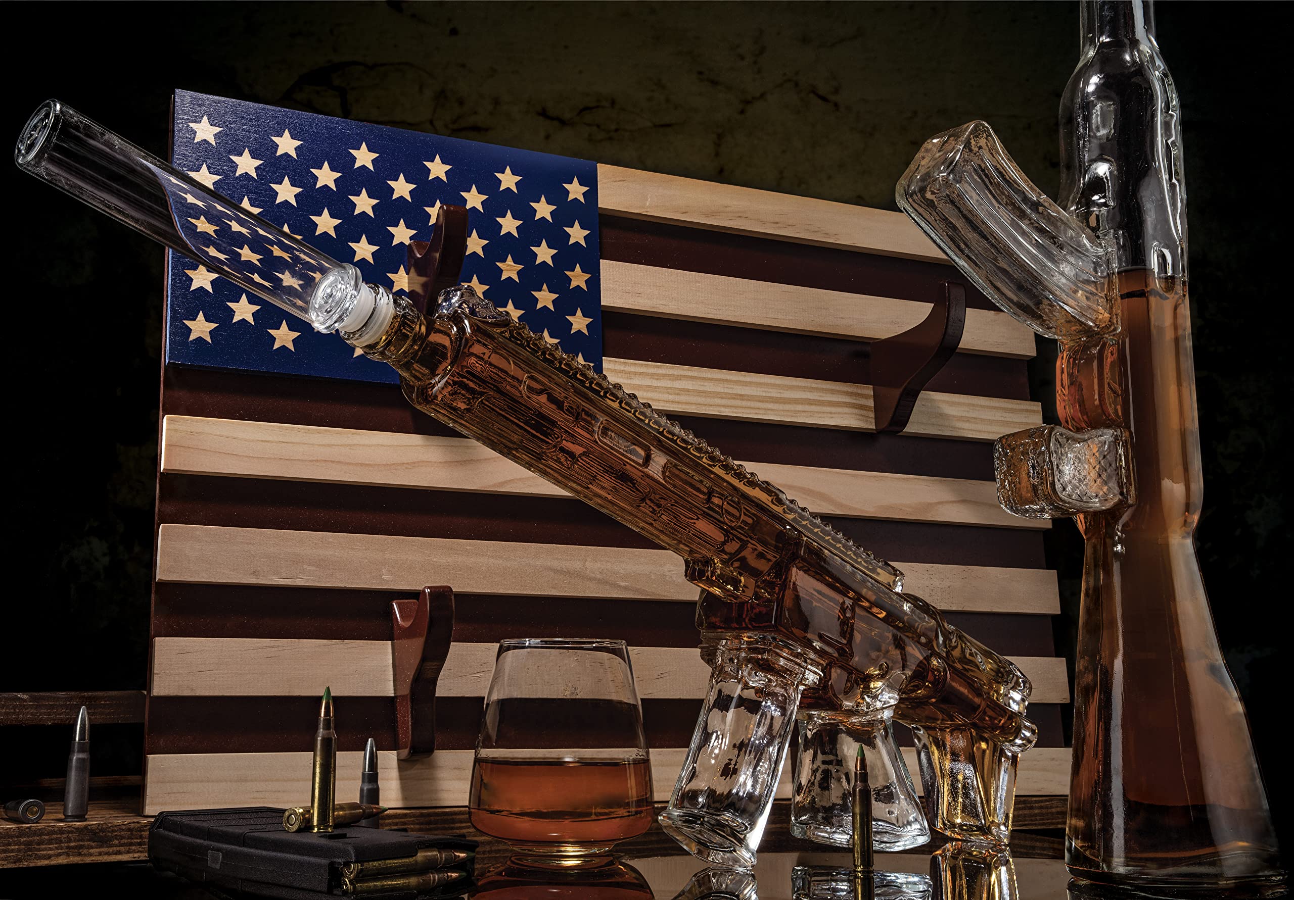 AR15 & AK47 Gun Whiskey Decanter Set - 1000ml Military-Themed Glass Decanters with American Flag Wall Rack - Unique Gifts for Men, Dad, Veterans & Gun Lovers - Perfect for Whiskey Tasting, Home Bar Decor & Military Appreciation Gifts
