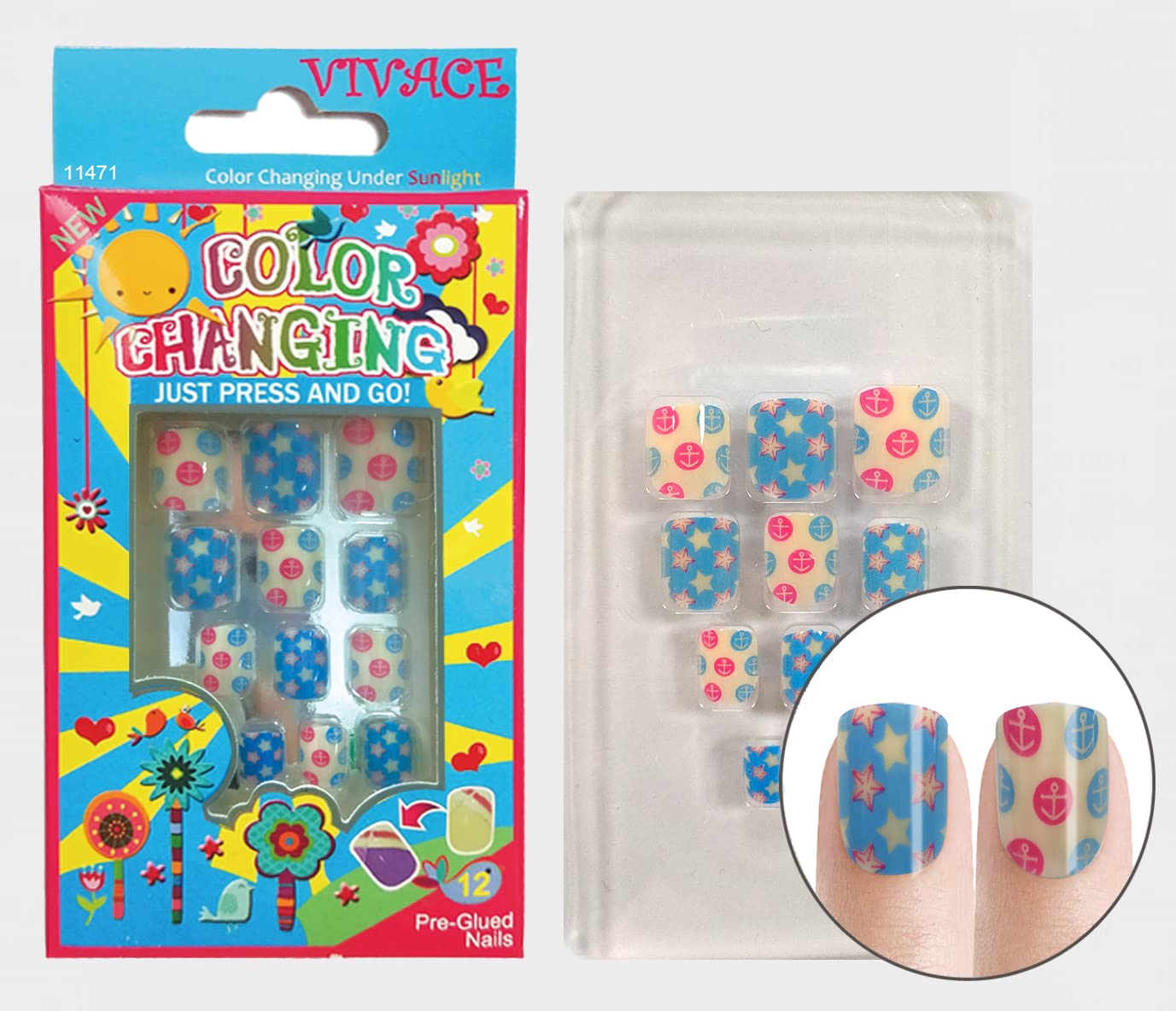 Vivace 4Pack 48 Tips Color Changing Press On Nails - Sun Activated Fake Nails with Glue for Women & Teens - Perfect for Summer, Beach, Pool Parties & Outdoor Activities