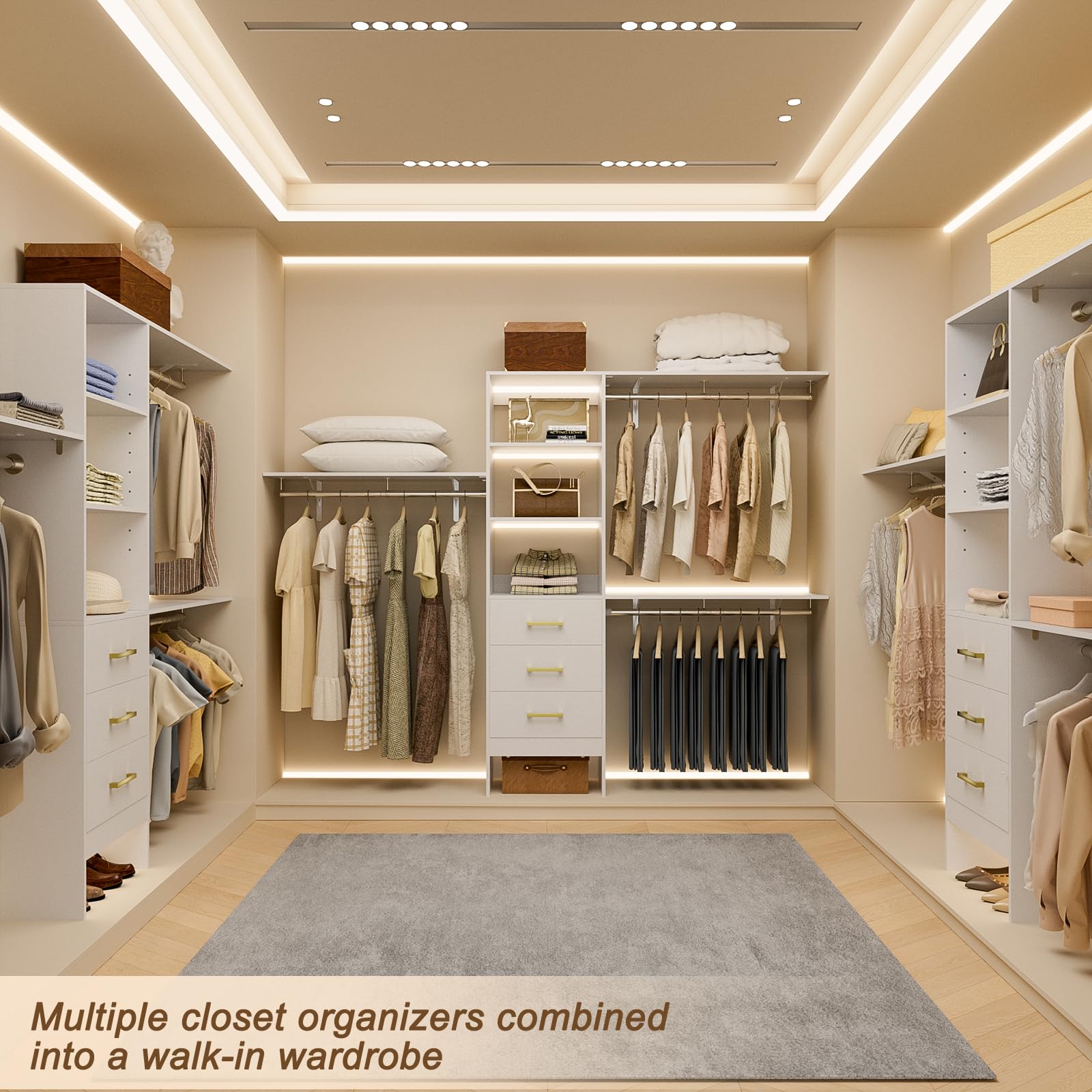 LOVMOR 8ft Built-in/Walk-in Closet System with Drawers & Shelves - 96 Inch Customizable Wardrobe Organizer & Storage Solution - Wall Mounted Clothes Organization System with Expandable Rod - Perfect for Bedroom, Walk-in Closet & Home Organization