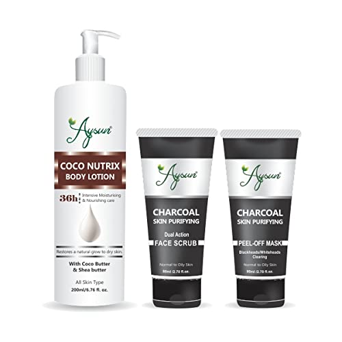 **Aysun Coco Nutrix Body Lotion, Charcoal Face Scrub & Charcoal Peel Off Mask 3-Piece Skincare Set – Hydrating, Exfoliating & Detoxifying for Glowing Skin**    *(Perfect for Daily Skincare Routine, Spa Day at Home, or Travel Essentials)*