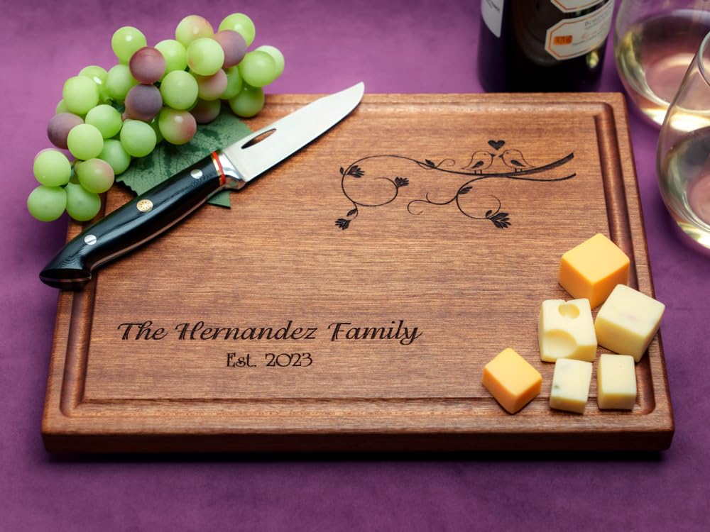 Straga Personalized Wood Cutting Boards - Handmade Engraved Charcuterie Board | Custom Wedding, Anniversary & Housewarming Gift for Couples, Newlyweds (Love Birds Design No.407) - Perfect for Cheese Platters, Charcuterie Displays & Romantic Gift Giving