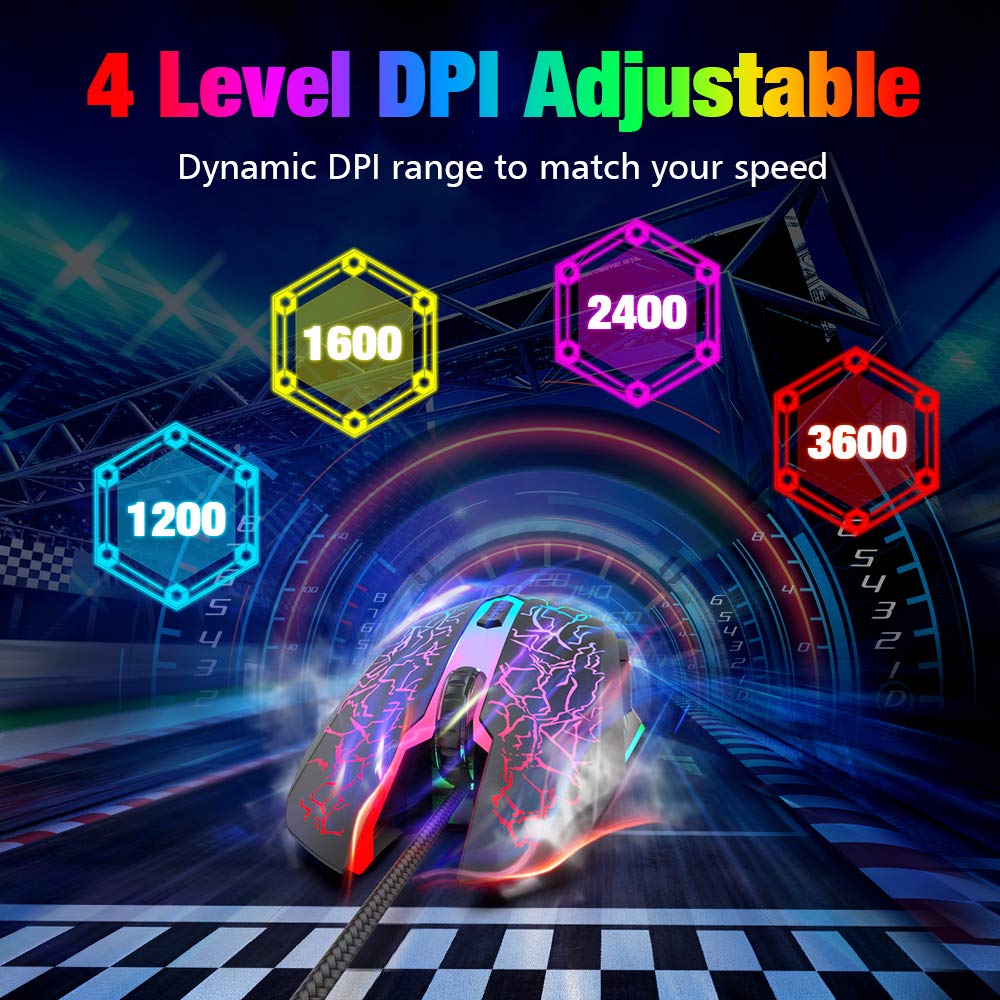 VersionTECH. Wired Gaming Mouse with RGB Backlit - Ergonomic Computer Mouse with 7 LED Lights, 6 Programmable Buttons & 4 Adjustable DPI for PC, Laptop, Chromebook, Mac - Perfect for FPS, MMO Gaming & Office Work (Black)