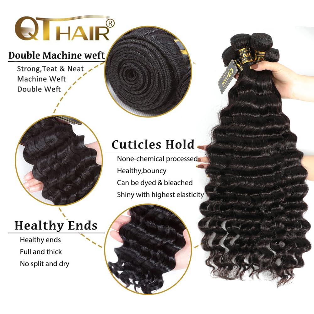 QTHAIR 100% Peruvian Virgin Human Hair Bundles - 16 18 20 22 Inch Deep Wave Loose Curly Hair Extensions - 14A Grade Natural Black Color for Black Women - Perfect for Daily Wear, Styling & Protective Hairstyles