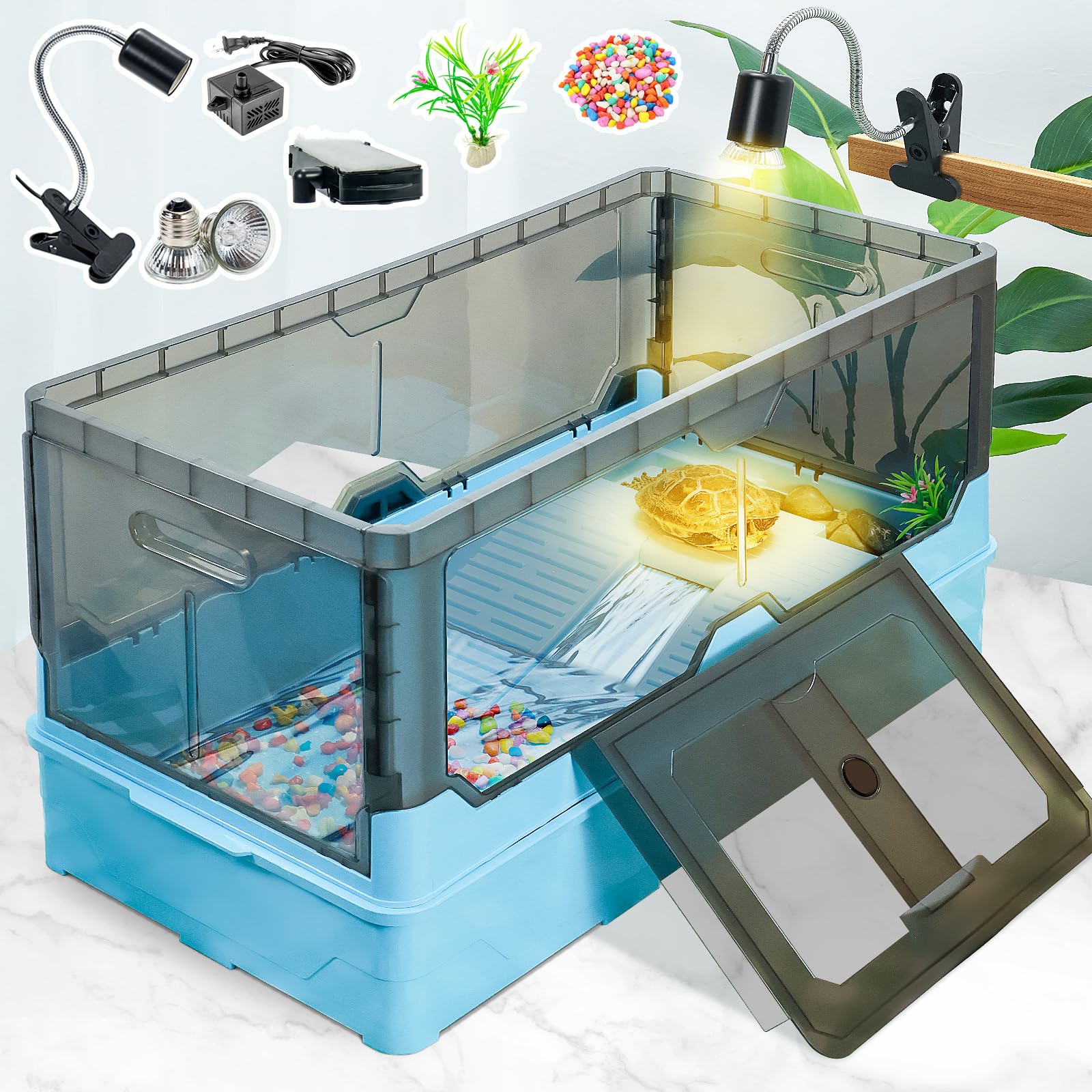 **XL Blue Turtle Tank Kit with Filter, Water Pump & Heat Lamp - Easy to Move Wheels, Natural Flow Design for Small Turtles, Horned Frogs & Hermit Crabs - Perfect for Home, Office or Classroom Reptile Habitat**