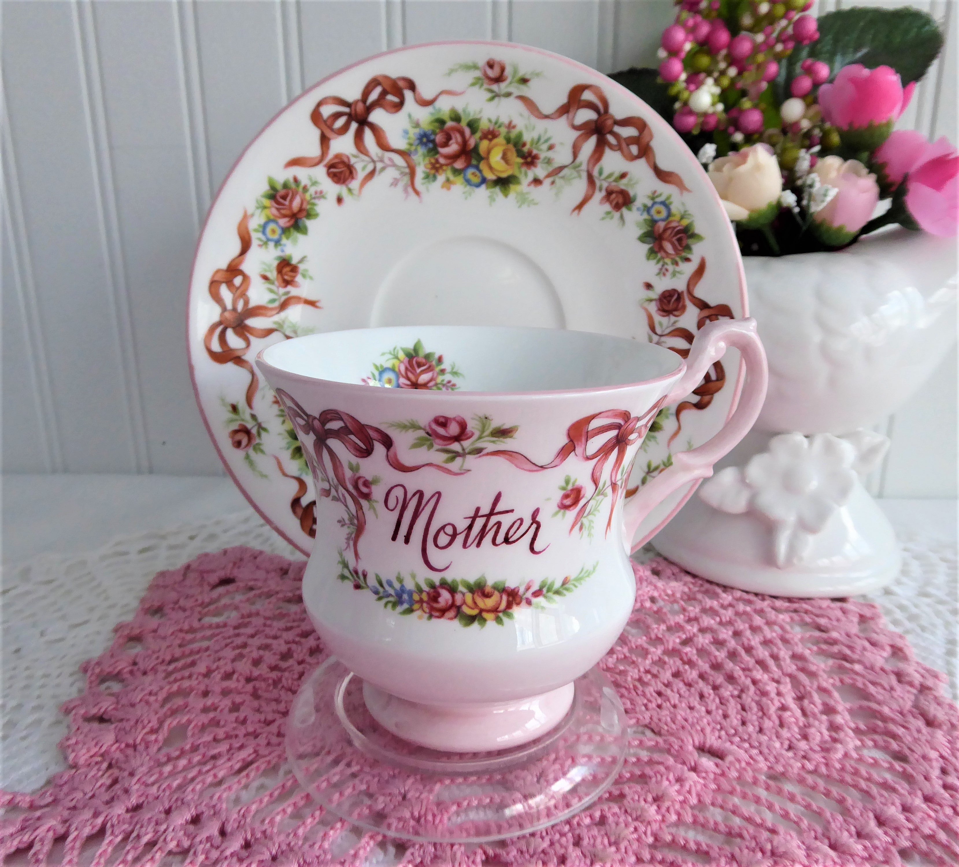 Vintage 1980s Queen's Bone China Cup and Saucer Set with Ribbon & Rose Design - Perfect for Mother's Day, Afternoon Tea, and Special Occasion Gifts