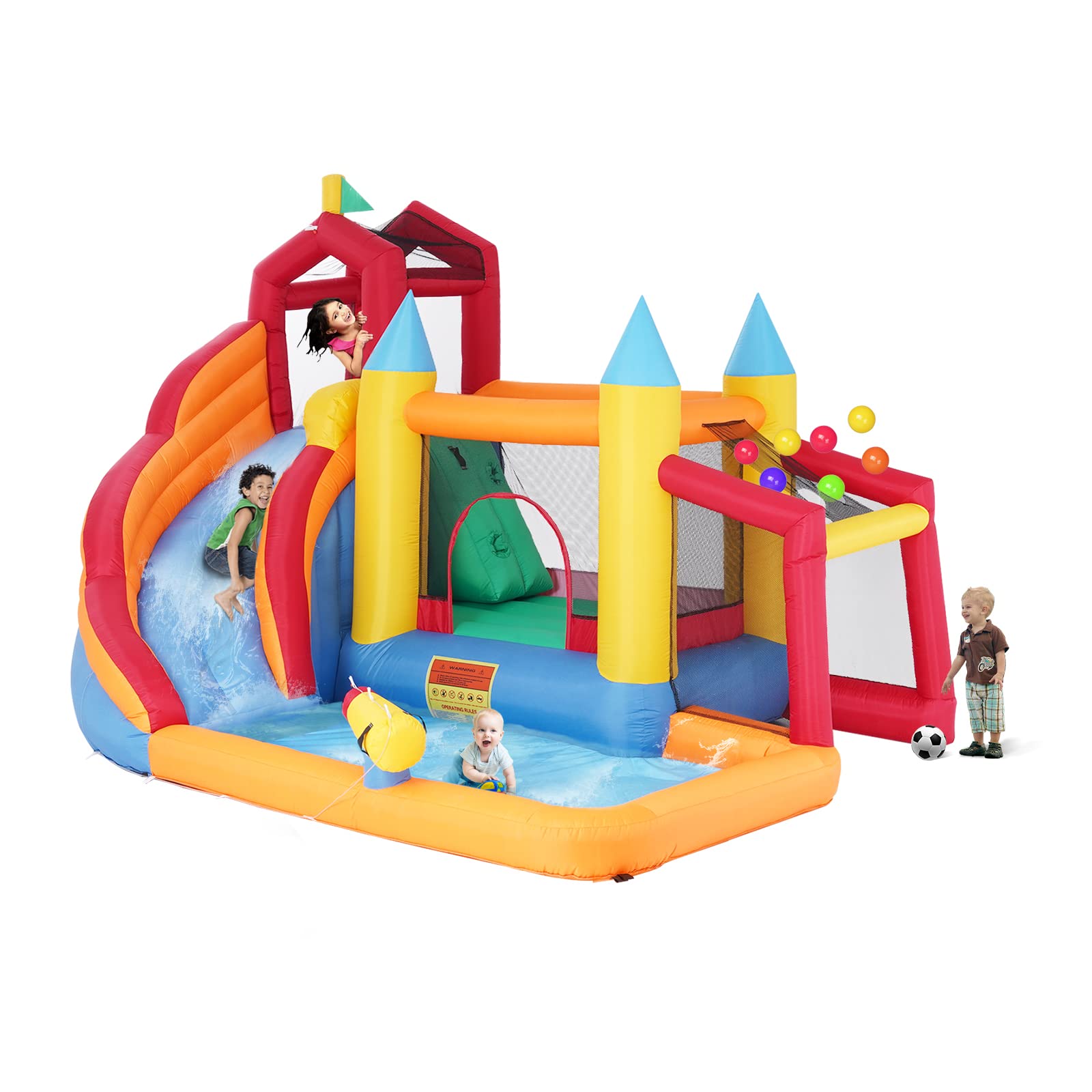 **7-in-1 Inflatable Water Slide for Kids - Backyard Bounce Park with Splash Pool, Water Launcher, Soccer Goal, Climbing Wall & Jumping Area - Includes Air Blower | Perfect for Summer Parties, Outdoor Play & Family Fun**