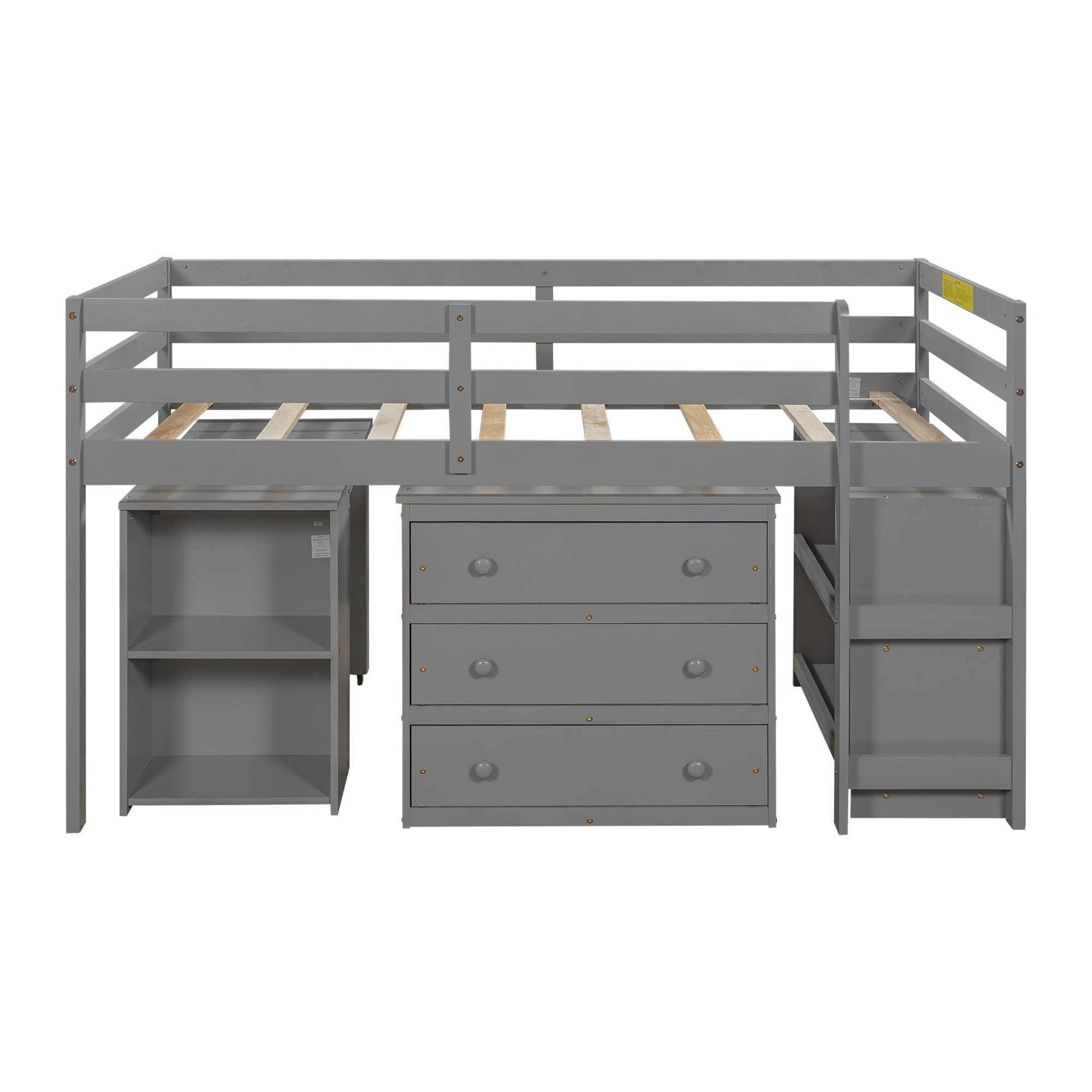 Danxee Loft Storage Bed with Spacious Shelves & Rolling Desk - Space Saving Bed Frame with Cabinet Storage, Multiple Finishes (Gray) - Perfect for Small Apartments, Dorms & Kids Rooms
