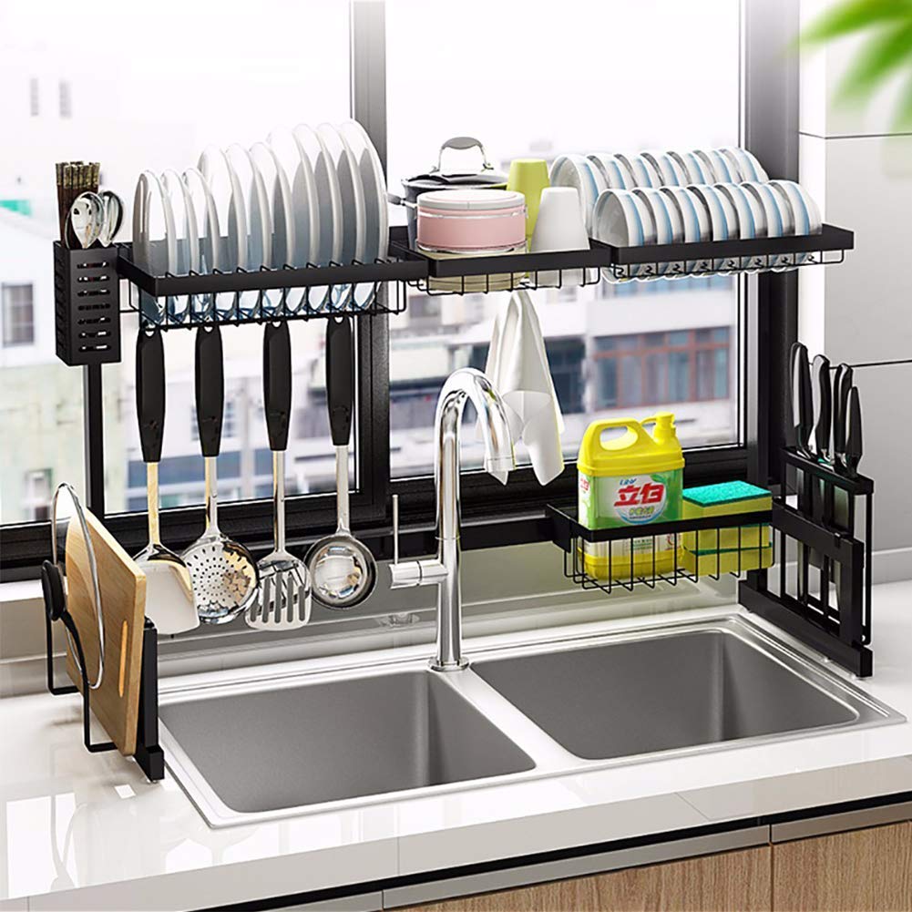 Stainless Steel Dish Drying Rack Over Sink - Space Saving Kitchen Organizer for Utensils & Supplies Storage - Black (H-SCJ101-1) - Perfect for Small Kitchens & Countertop Organization