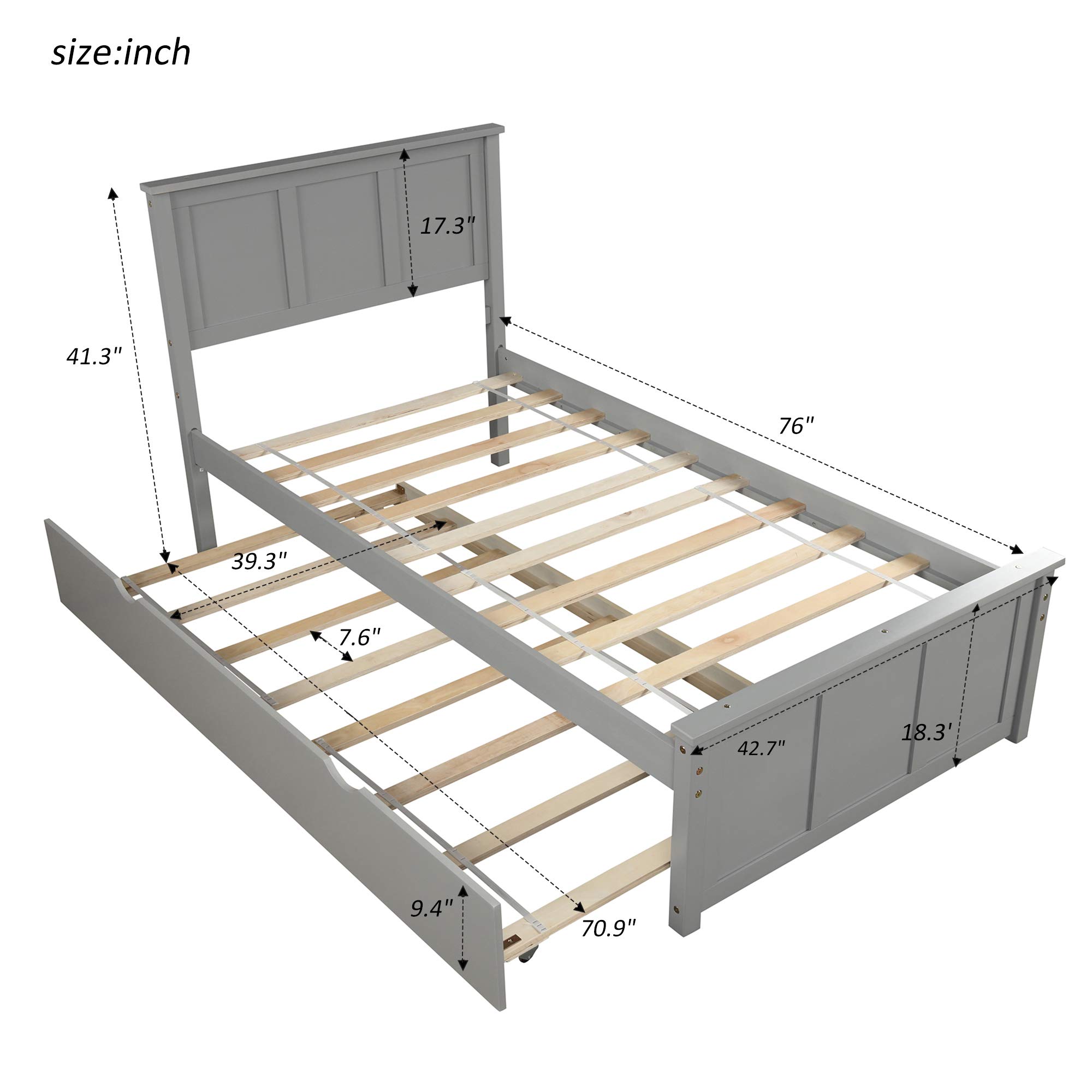 Twin Platform Bed with Trundle, Wood Slat Support - No Box Spring Needed (Gray) for Small Spaces & Guest Rooms