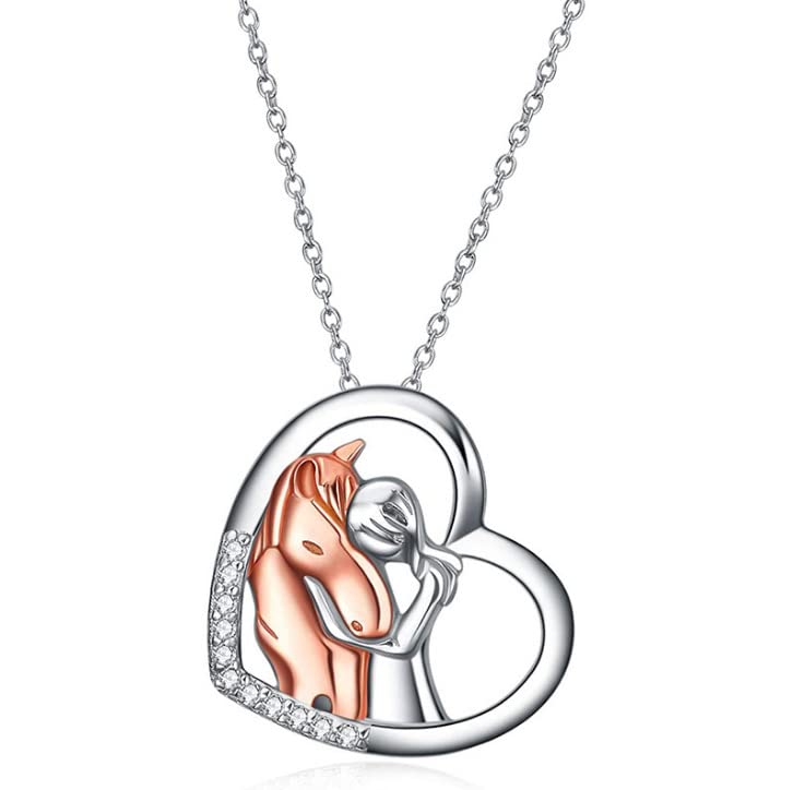 DTJEWELS Sterling Silver Horse with Girl Heart Pendant Necklace - 925 Silver Embrace Horse Charm for Women | Perfect Gift for Equestrian Lovers, Birthday & Anniversary