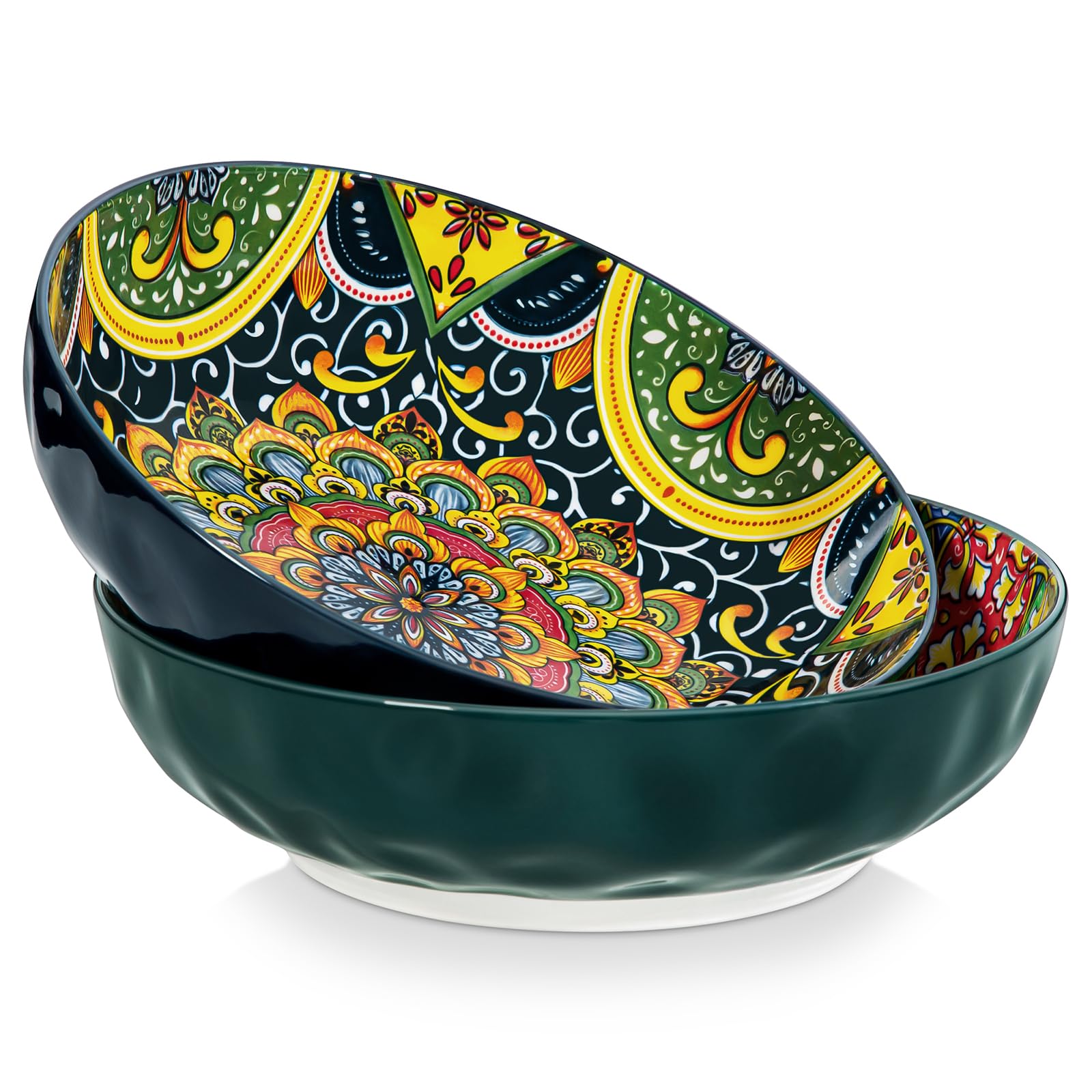 Vancasso 78oz Large Serving Bowls Set of 2 - Extra Big Salad Bowls for Pasta, Fruit & Dinner - Bohemian Style Decorative Dishwasher & Microwave Safe Bowls - Perfect for Parties, Family Gatherings & Restaurant Use - Green