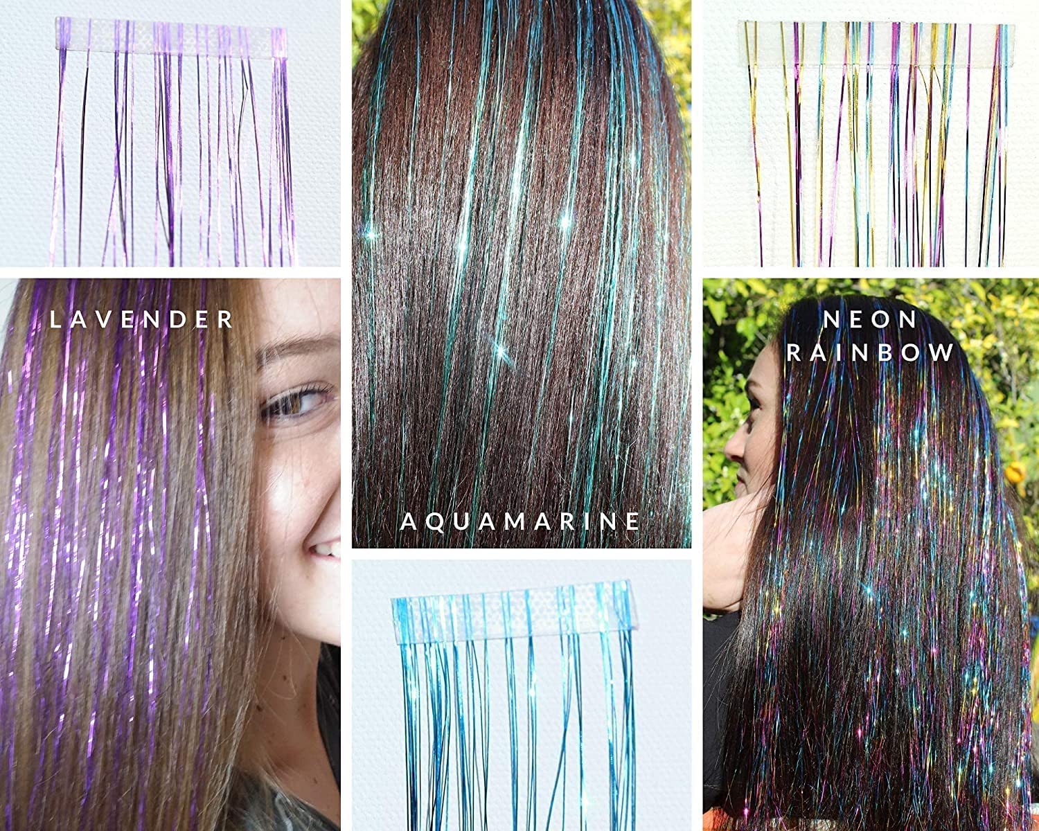 AKADO Glitter Hair Tinsel Extensions - 6 Pack Multicolor Holographic Sparkle Hair Strands for Women & Girls | Shiny Straight Hair Accessories for Parties, Festivals & Cosplay