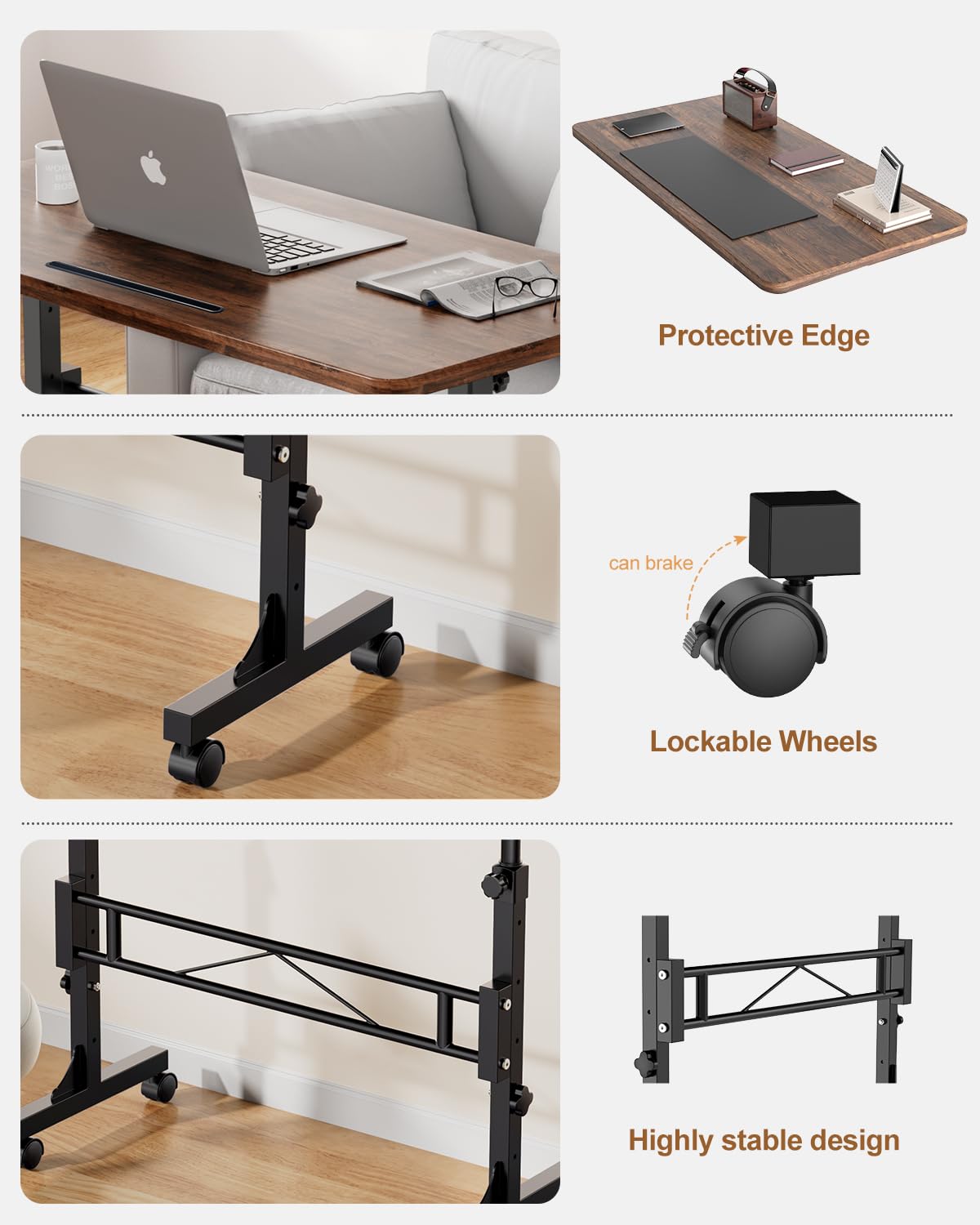 Adjustable Height Small Standing Desk with Wheels - 32 Inch Portable Mobile Stand Up Desk for Home Office, Walking Pad Treadmill & Workspace - Rustic Rolling Desk for Ergonomic Workstation