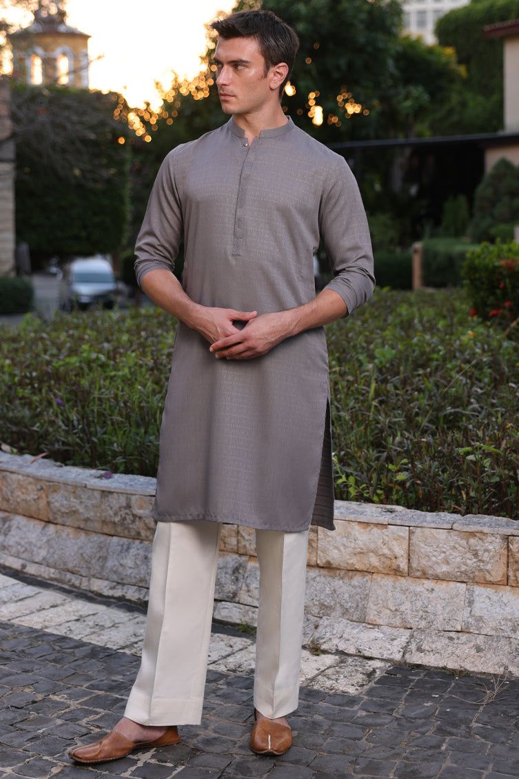 Blended Grey Kurta by J. Junaid Jamshed - Premium Cotton Pakistani Traditional Wear for Men - Perfect for Eid, Weddings & Casual Outings