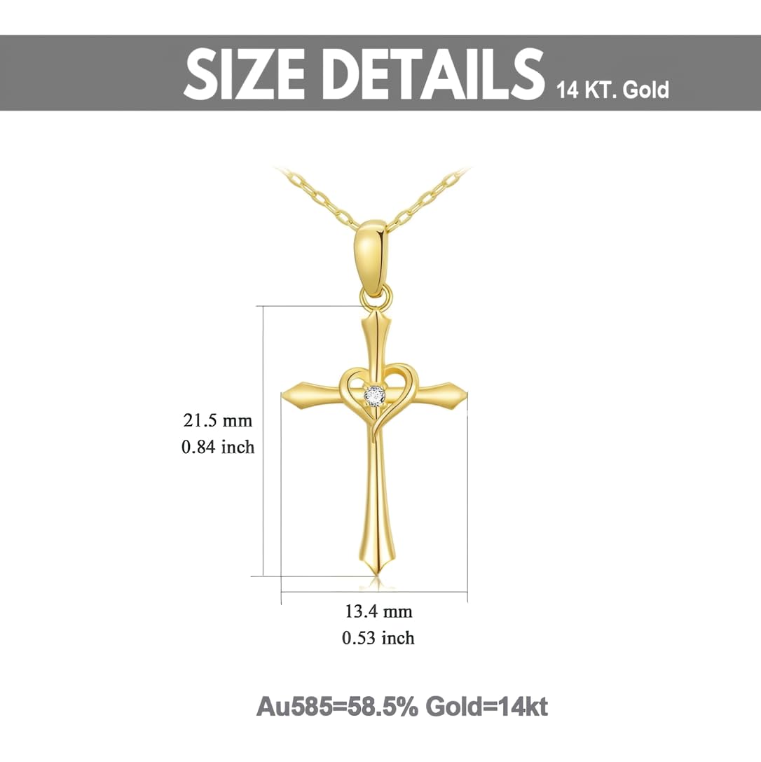 YDD 14K Solid Gold Cross Necklace for Women - Elegant Gold Chain with Dainty Cross Pendant, Heart Necklace Gift for Her, Mom, Wife (16