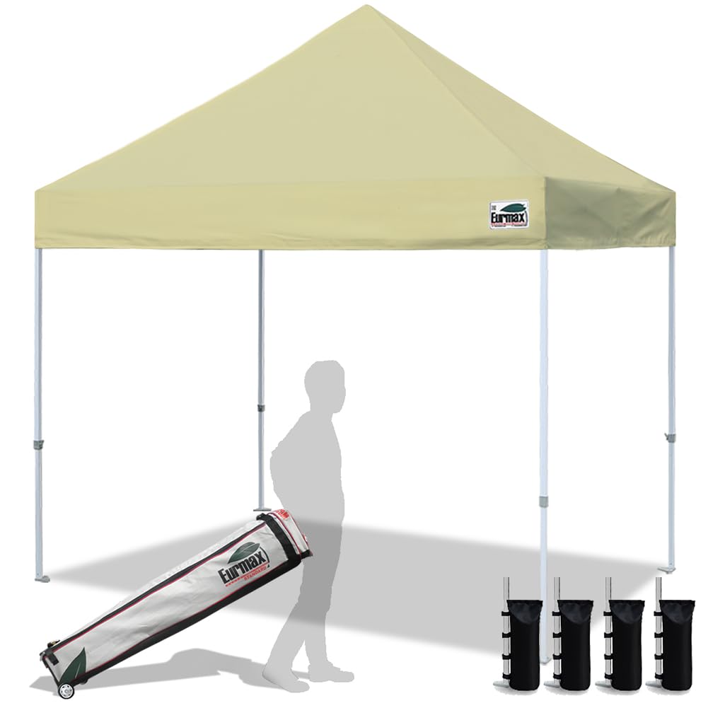 Eurmax USA 10x10ft Heavy Duty Pop Up Canopy Tent - Commercial Grade Instant Outdoor Canopy with Roller Bag & 4 Sand Bags (Beige) - Perfect for Backyard Parties, Farmers Markets, Beach Outings & Outdoor Events