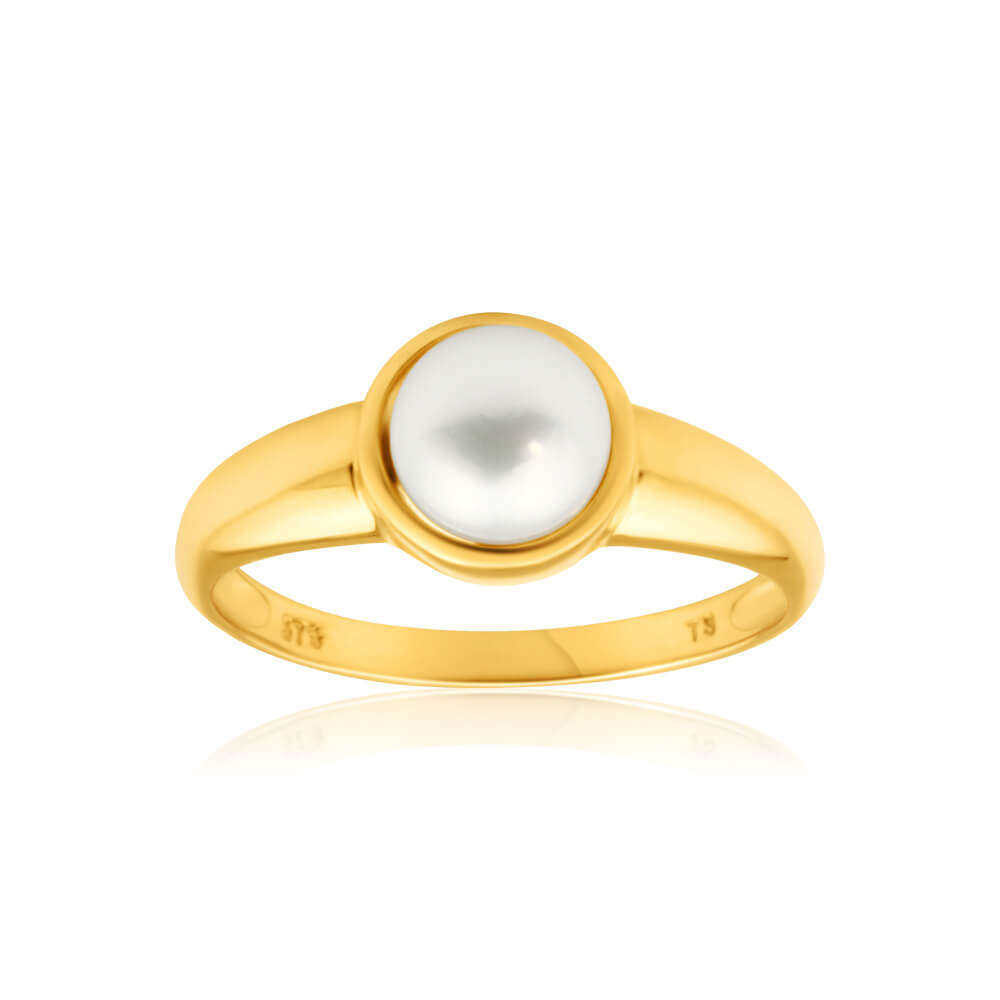 9ct Yellow Gold 6.5mm Cultured Pearl Ring for Women - Elegant Pearl Jewelry Gift for Anniversary, Birthday & Special Occasions