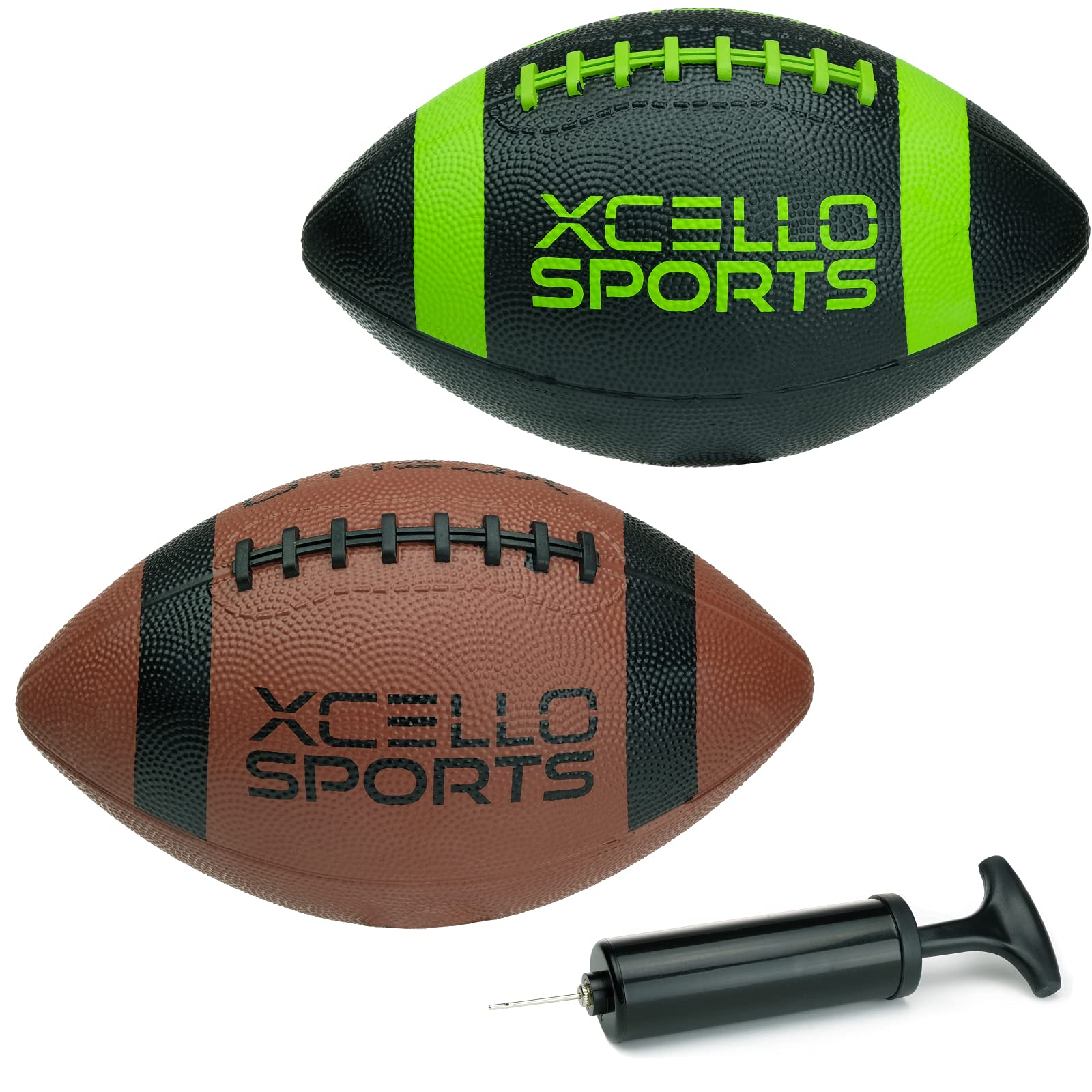 Xcello Sports Junior Rubber Footballs with Pump - Pack of 2 - Durable Kids Soccer Balls for Outdoor Play, Backyard Games & Youth Football Practice