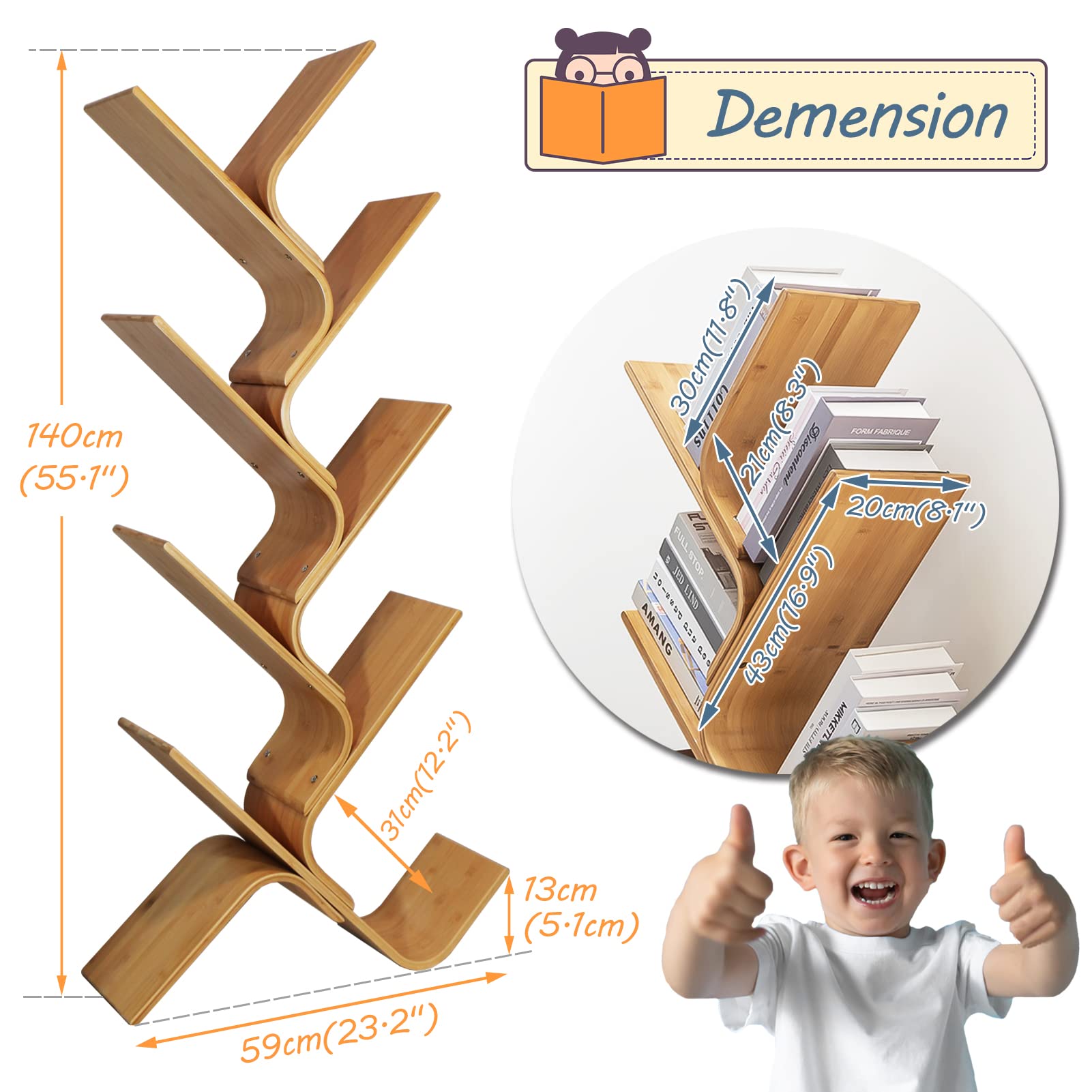 XM&LZ 8-Shelf Wooden Tree Bookcase - Modern Floor Standing Bookshelf for Living Room, Home Office & Study - Perfect for Organizing Books, Decor & Storage (Natural Wood Finish)