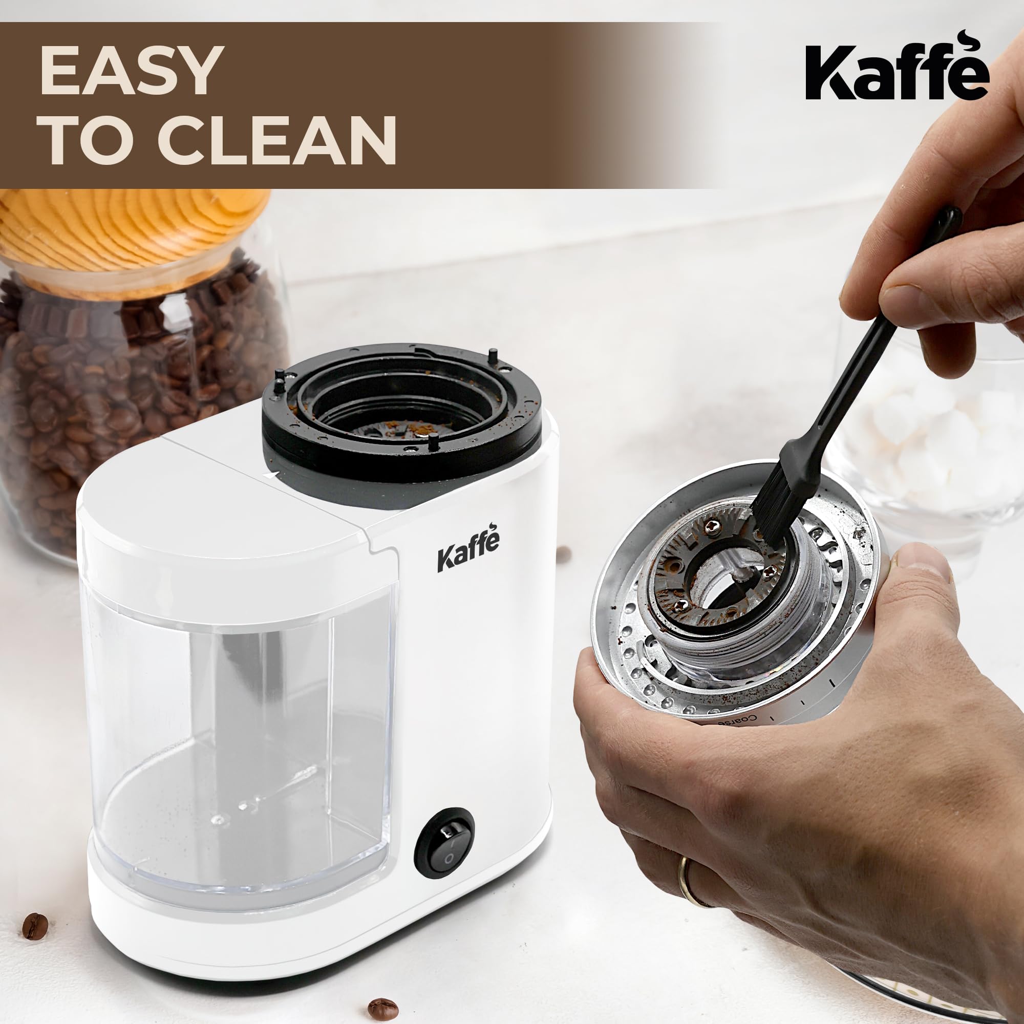 Premium Kaffe Electric Burr Coffee Grinder 5.5oz - Adjustable Coarseness Settings & Flat Burr Design - Upgraded Motor for Consistent Grinding - Perfect for Espresso, French Press & Drip Coffee - Ideal Home Coffee Bean Grinder (White)