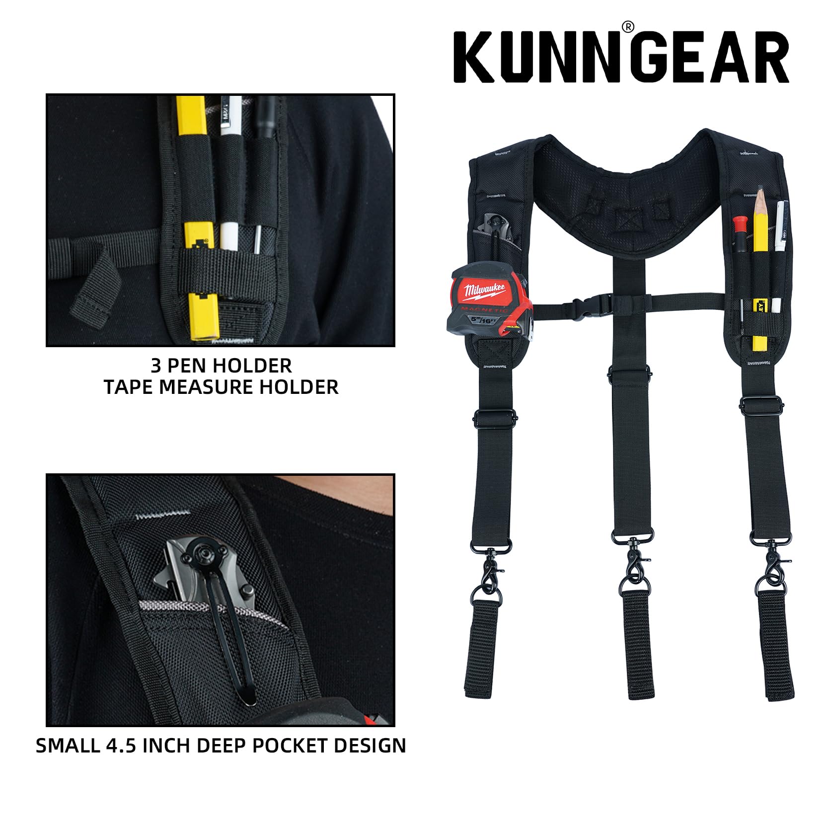 KUNN Heavy Duty 3-Point Padded Tool Belt Suspenders for Men - Adjustable Construction Work Suspender with Tool Belt Loops & Comfortable Shoulder Pads - Perfect for Carpenters, Electricians & DIY Home Improvement Projects