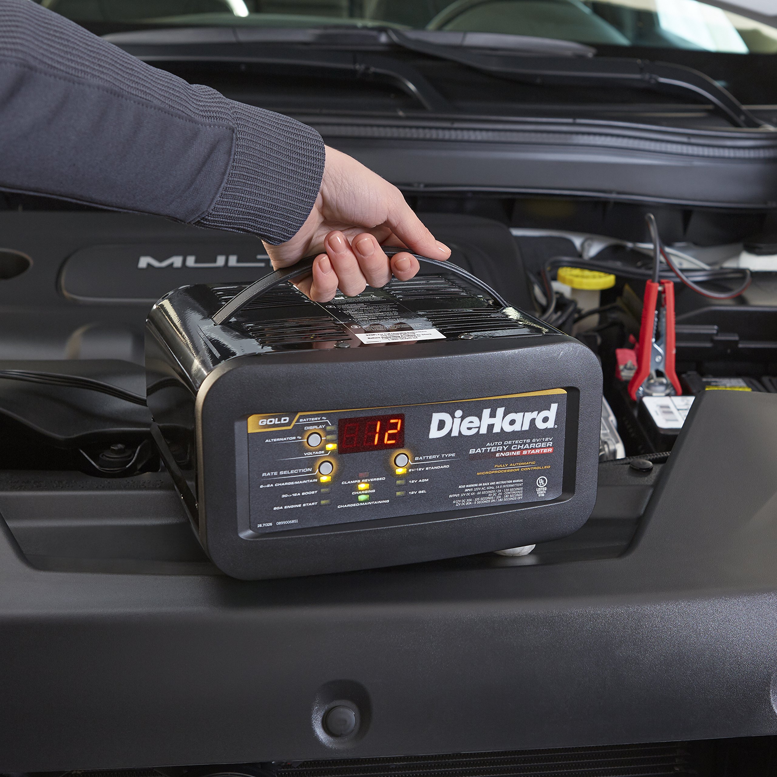 DieHard 71326 6/12V Gold Shelf Smart Battery Charger & 12/80A Engine Starter - Fast Charging for Car, Truck, Motorcycle, Boat & Power Equipment - Perfect for Home Garage, Roadside Emergencies & Winter Maintenance