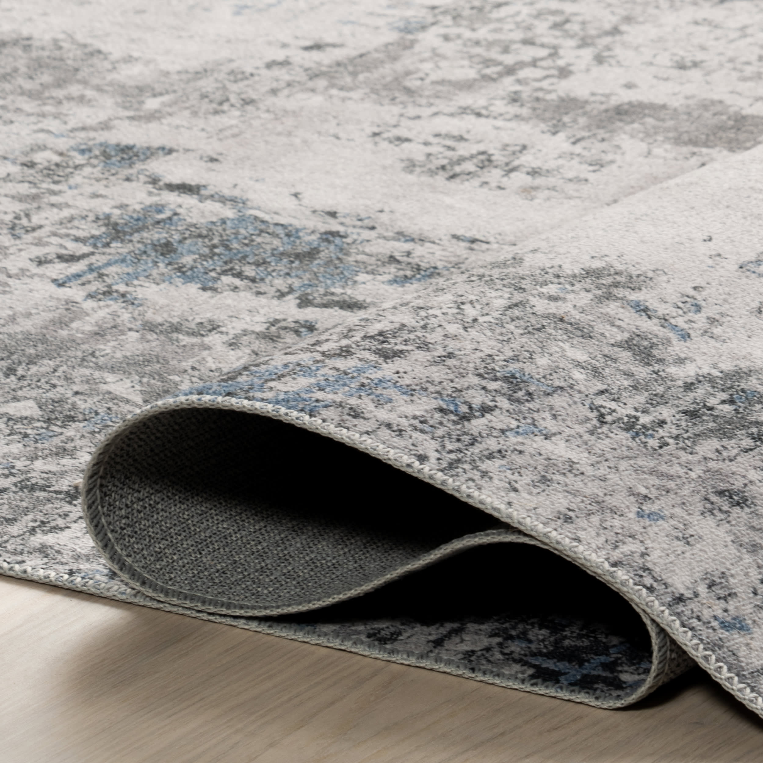 Faded Abstract Washable Area Rug - Blue Grey Modern Boho Rug for Living Room, Bedroom & Nursery Decor