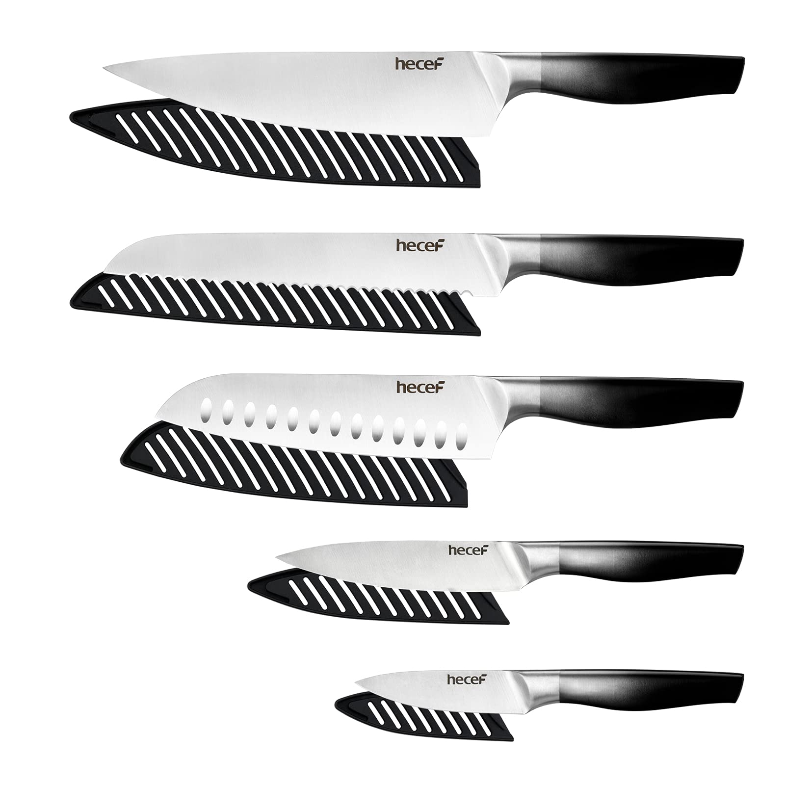 Premium 5-Piece Gradient Black Kitchen Knife Set - Satin Finish Blades, Hollow Handle, Protective Sheaths - Chef, Santoku, Bread, Utility & Paring Knives - Perfect for Home Cooking, Professional Chefs & Gift Giving