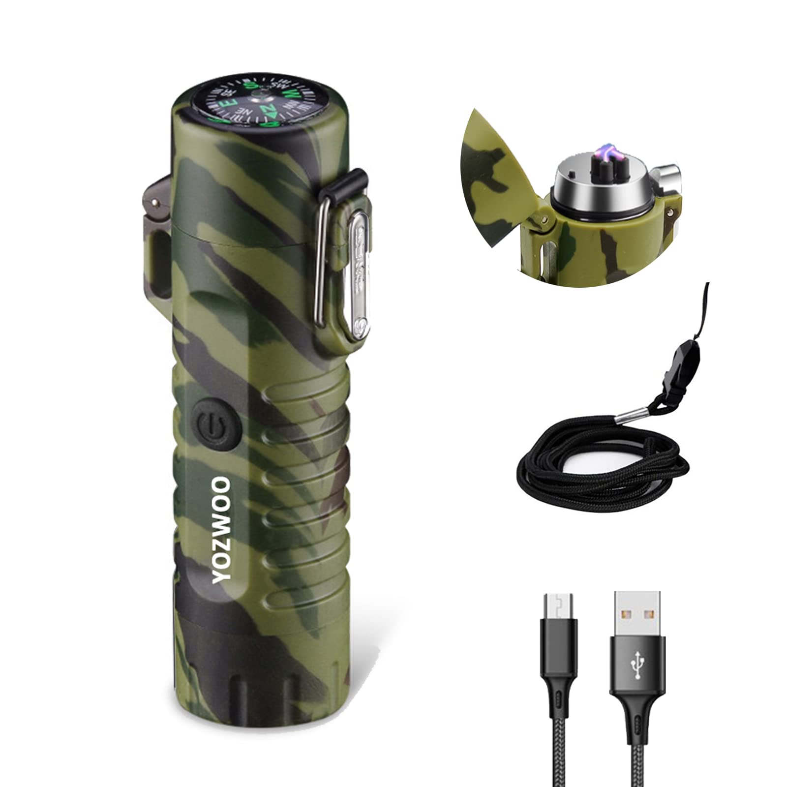 YOZWOO USB Rechargeable Electric Lighter with LED Flashlight & Compass - Windproof, Waterproof Dual Arc Plasma Lighter (Camouflage) - Perfect for Camping, Hiking, and Outdoor Adventures